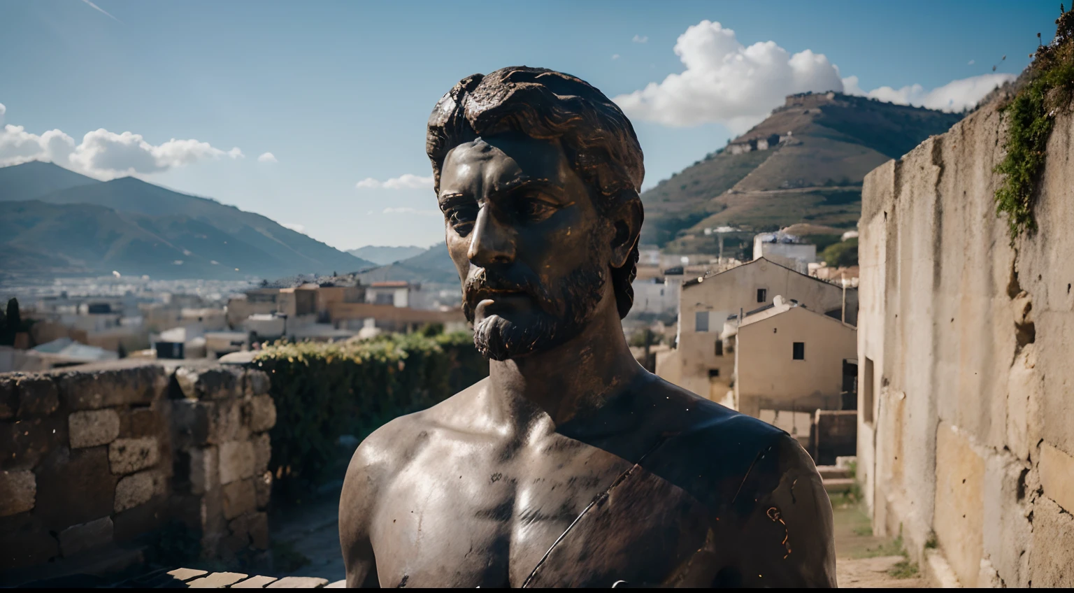 Ancient Stoic Statue With Very Angry Expression, tem barba, muitos detalhes em ambos os olhos, Outside, fundo atenas grego, open sky, com rosto extremamente detalhado full body view, Colors with low saturation with dark tone, Filmado em Sony A7S III com Sony FE 35mm f/1.8, 12.1 MP, --AR 3:2 --estilo cru