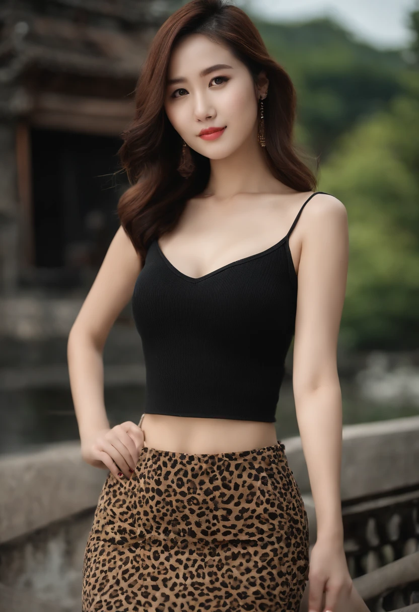 Girl in black top and leopard print skirt, she is wearing a black tank top, gorgeous chinese models, Gorgeous young Korean woman, tight black tanktop：1.4, beautiful Korean women, Japanese model, Yoshitomo Nara, 2 4 year old female model, hot with shining sun, Beautiful Asian girl, Black top, Korean girl，Sony SLR，Master masterpieces，（（Expose cleavage and cleavage：1.4））