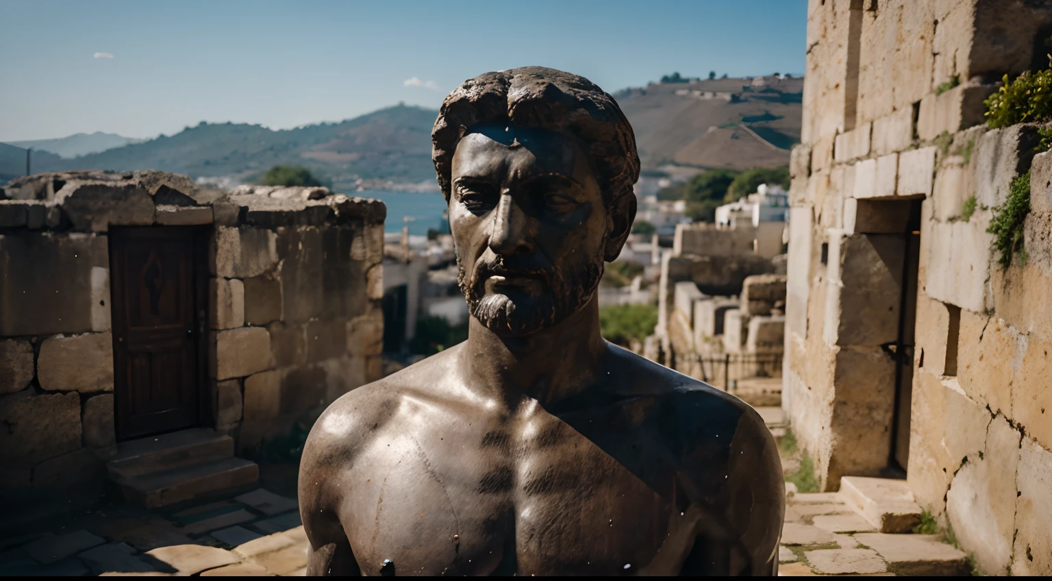 Ancient Stoic Statue With Very Angry Expression, tem barba, muitos detalhes em ambos os olhos, Outside, fundo atenas grego, open sky, com rosto extremamente detalhado full body view, Colors with low saturation with dark tone, Filmado em Sony A7S III com Sony FE 35mm f/1.8, 12.1 MP, --AR 3:2 --estilo cru