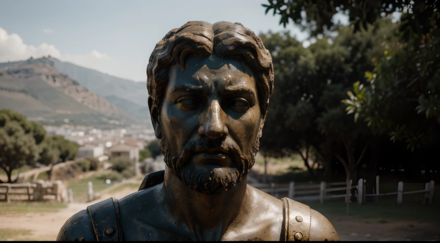 Ancient Stoic Statue With Very Angry Expression, tem barba, muitos detalhes em ambos os olhos, Outside, fundo atenas grego, open sky, com rosto extremamente detalhado full body view, Colors with low saturation with dark tone, Filmado em Sony A7S III com Sony FE 35mm f/1.8, 12.1 MP, --AR 3:2 --estilo cru