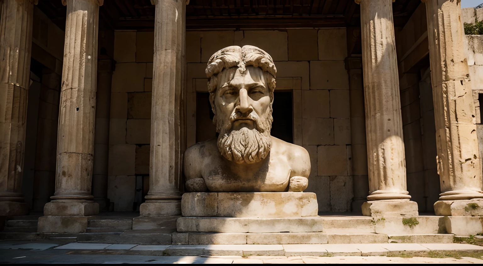 Ancient Stoic Statue With Very Angry Expression, tem barba, muitos detalhes em ambos os olhos, Outside, fundo atenas grego, open sky, com rosto extremamente detalhado full body view, Colors with low saturation with dark tone, Filmado em Sony A7S III com Sony FE 35mm f/1.8, 12.1 MP, --AR 3:2 --estilo cru