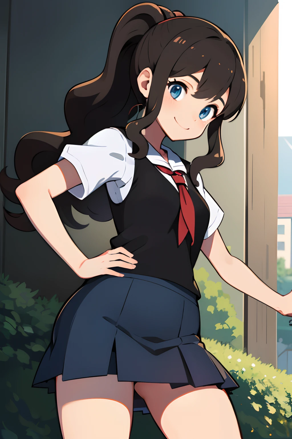 1girl in、hight resolution、masterpiece、hilda \(A pokémon\)、poneyTail、down town、School uniform、a miniskirt、Smiling smile