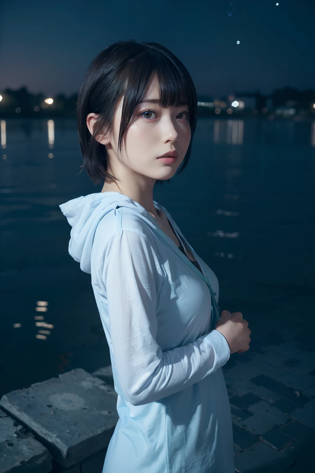 ((masutepiece)), ((Best Quality)), (Ultra-detailed), ((Extremely detailed)), 4K, (8K), Best Quality, (Beautiful), Gradation, Factory Zone, Starry sky, Cute little girl s, 1girl in, Solo, hoods, Beautiful hair in light blue, Beautiful green eyes, ((Beautiful eyes)), Short-term hair, large full breasts, Cool