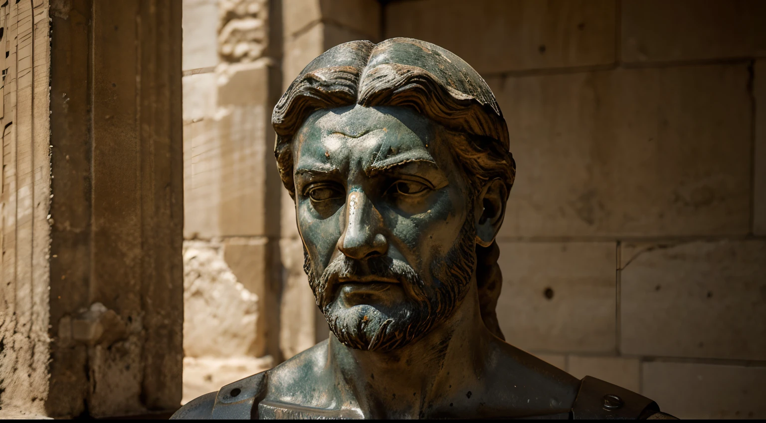 Ancient Stoic Statue With Very Angry Expression, tem barba, muitos detalhes em ambos os olhos, Outside, fundo atenas grego, open sky, com rosto extremamente detalhado full body view, Colors with low saturation with dark tone, Filmado em Sony A7S III com Sony FE 35mm f/1.8, 12.1 MP, --AR 3:2 --estilo cru