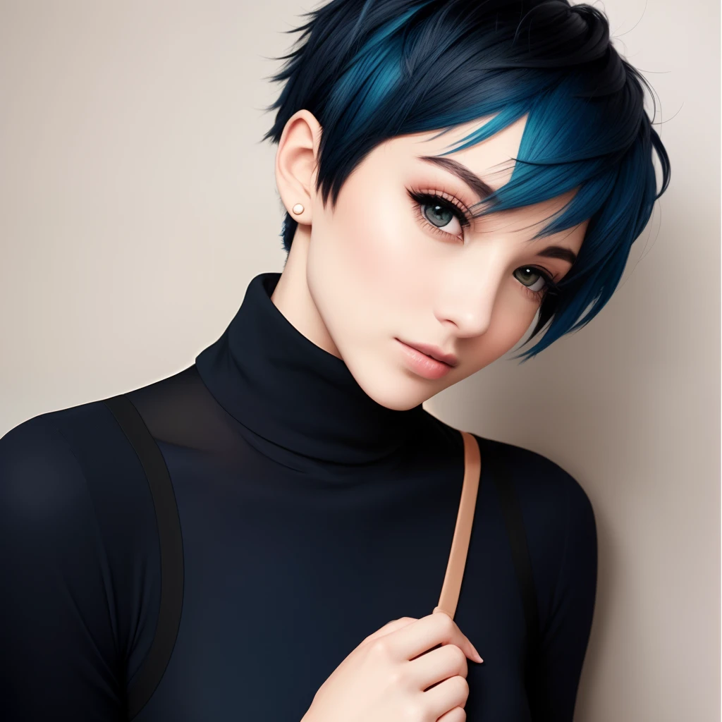 Women, Short Blue Hair, Black Turtleneck Tanktop, Light peach complexion