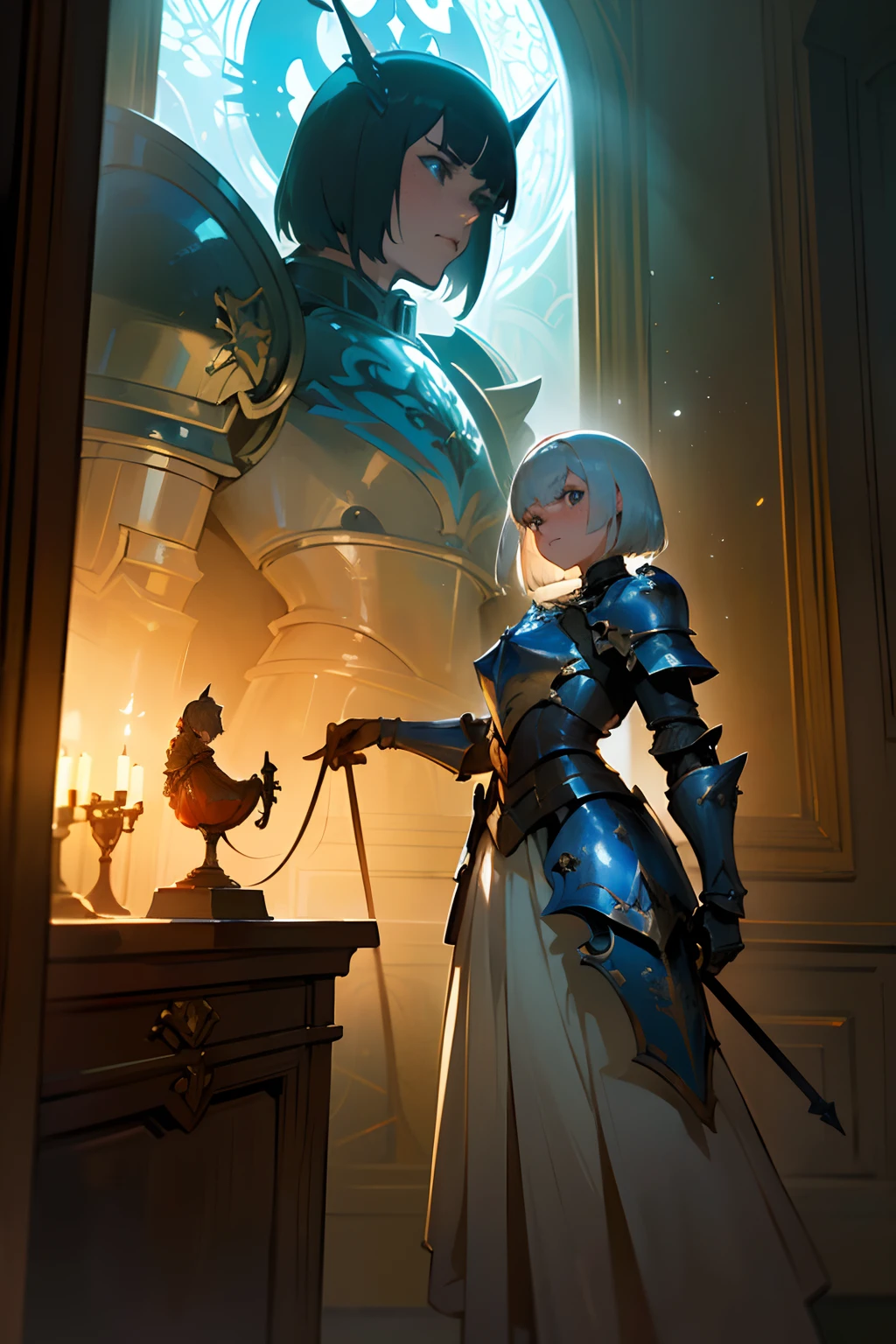 extremely detailed CG unity 8k wallpaper) full shot body photo of a devout sister of battle, portrait, action scene, ((extreme close up:1. 4)), beautiful sister of battle woman holding a standing in front of a stained glass window, (blush), ((air tank on back)), ((fleur de lys armor)), ((fleur de lys face tattoo:1. 2)), ((purity seals on armor)), (bangs), (freckles:0. 9), detailed symmetrical face, ((white hair:1. 4)), (bob cut hair), (ice blue eyes), reflective eyes, dark eyebrows, mascara, makeup, (dark lipstick), (warhammer power armor), ((intricate sisters of battle power armor:1. 2)), (red pelvic curtain:1. 2), ((red armor:1. 4)), sci fi nun armor, ((black armor)) (matte armor), drawn in warhammer 40k style, (vines and ivy), marble walls, dust particles, detailed lighting, rim lighting, dramatic lighting, chiaroscuro, (from side), from above, professional majestic impressionism oil painting by Waterhouse, John Constable, Ed Blinkey, Atey Ghailan, Studio Ghibli, by Jeremy Mann, Greg Manchess, Antonio Moro, trending on ArtStation, trending on CGSociety, Intricate, High Detail, dramatic, makoto shinkai kyoto, trending on artstation, trending on CGsociety