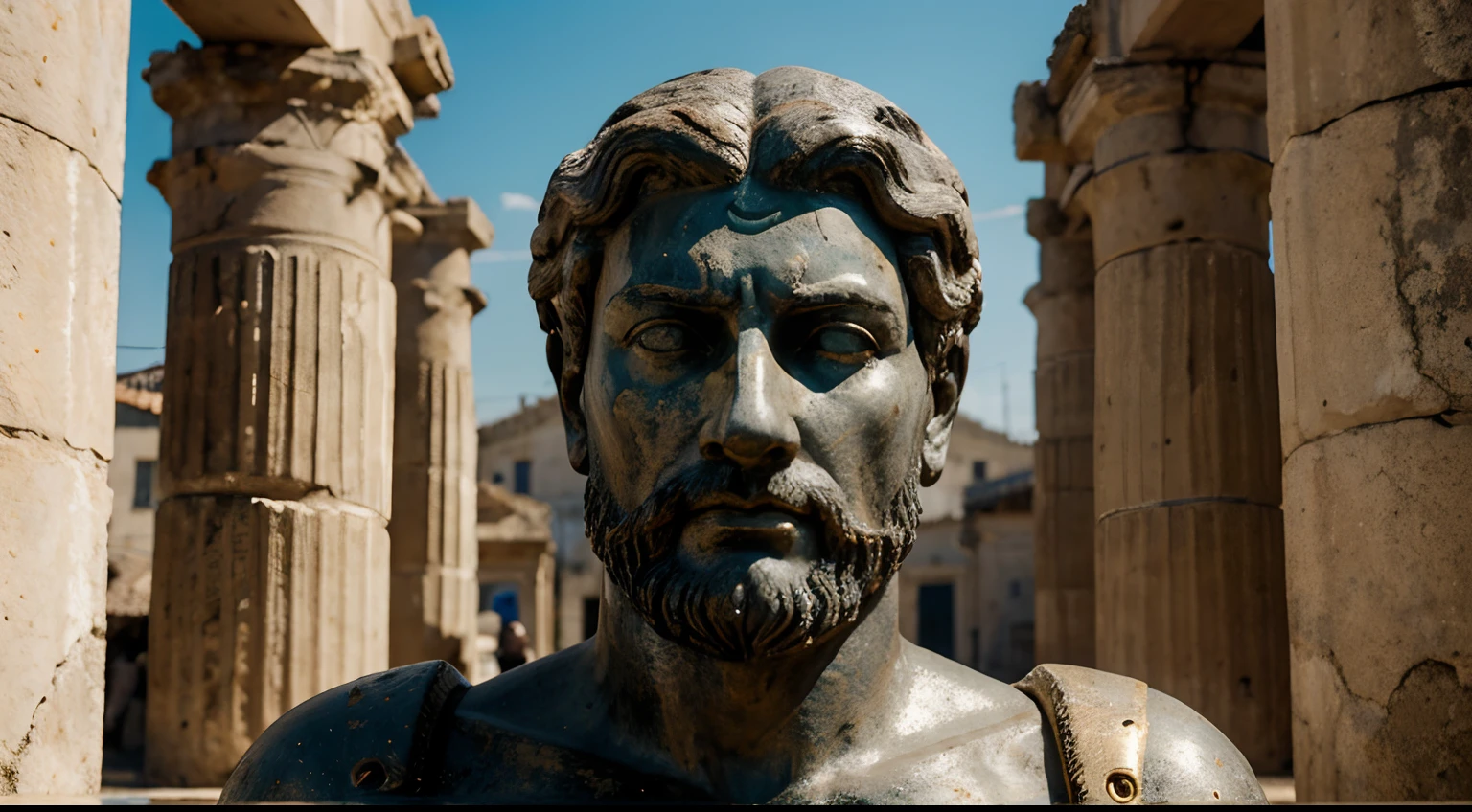 "A dark landscape image of an ancient greek society deeply connected to stoicism, black and white, ancient greek architecture, include one single big statue of a stereotypical strong greek man, marcus aurelius --ar 16:9"