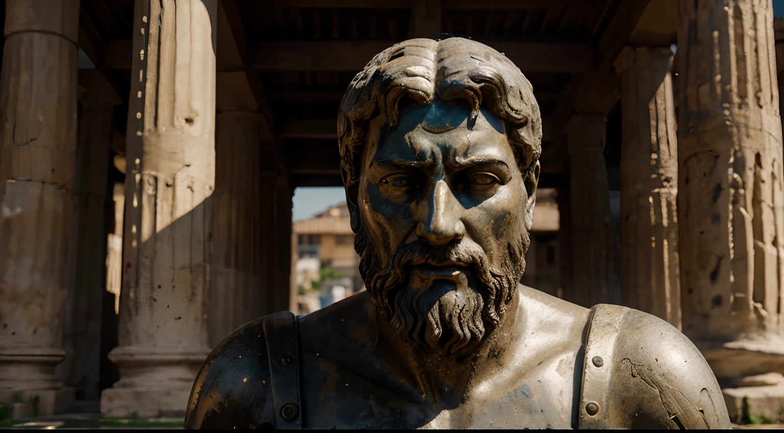 Ancient Stoic Statue With Very Angry Expression, tem barba, muitos detalhes em ambos os olhos, Outside, fundo atenas grego, open sky, com rosto extremamente detalhado full body view, Colors with low saturation with dark tone, Filmado em Sony A7S III com Sony FE 35mm f/1.8, 12.1 MP, --AR 3:2 --estilo cru