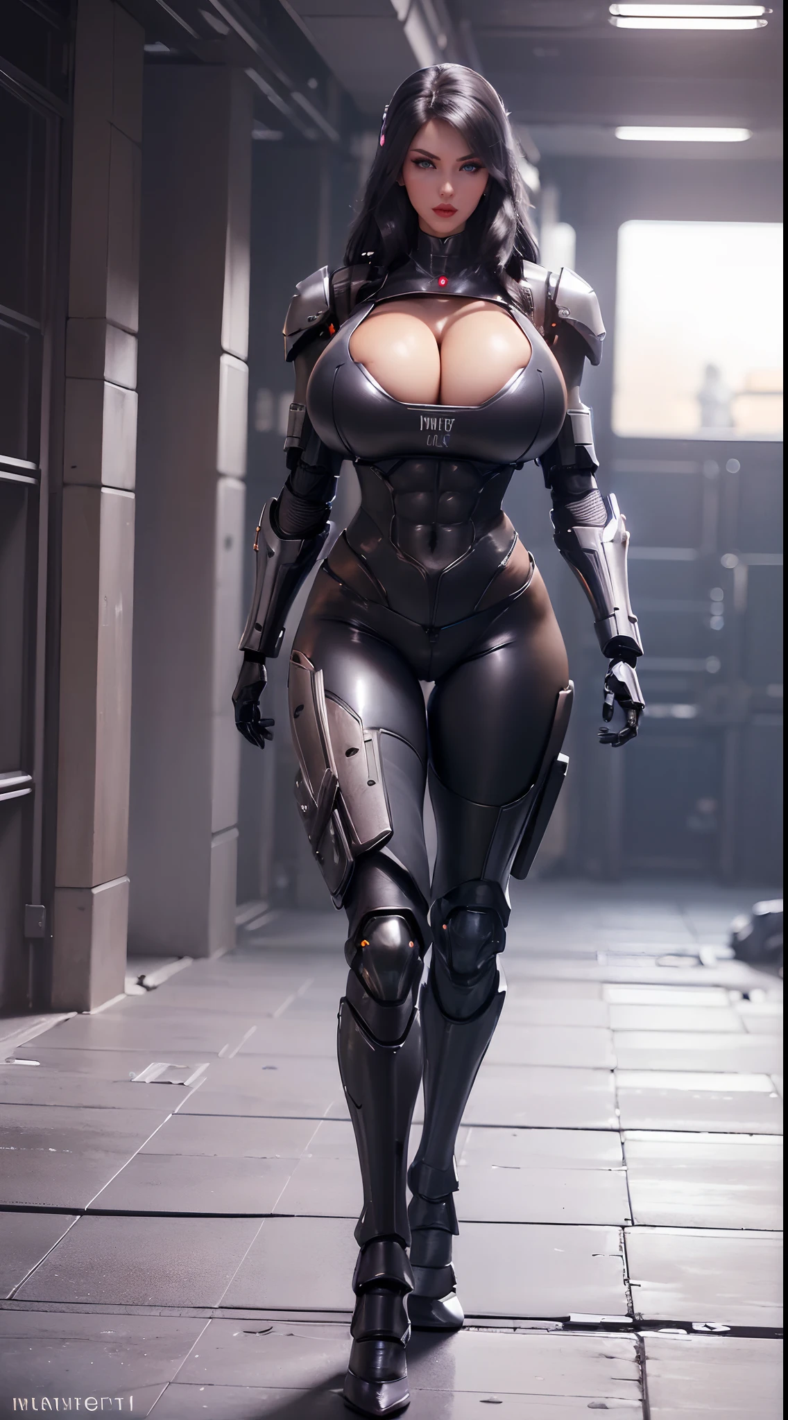 (1GIRL, ALONE, SOLO), (super detailed face), (Black Long Hair:1.2), (BIG BUTTOCKS, 11 LINE ABS, CLEAVAGE, HUGE FAKE BREASTS:1.5), (MECHA GUARD ARM:1.3), (FUTURISTIC MECHA CYBER ARMORED, MECHA SKINTIGHT SUIT PANTS, DIAMOND CORE IN ARMOR, MECHA GUARD ARMOR LEGS, HIGH HEELS:1.5), (THICC MUSCULAR FEMALE BODY, SEXY LONG LEGS:1.1), (LOOKING AT VIEWER:1.3), (female focus:0.886), (WALKING DOWN HALLWAY OF FUTURISTIC SPACE STATION:1), (BRIGHT LIGHTING:1.5), SUPER TEXTURE, UNREAL ENGINE RENDER, PHYSICALLY-BASED RENDERING, ULTRA HIGHT DEFINITION, 16K, 1080P.