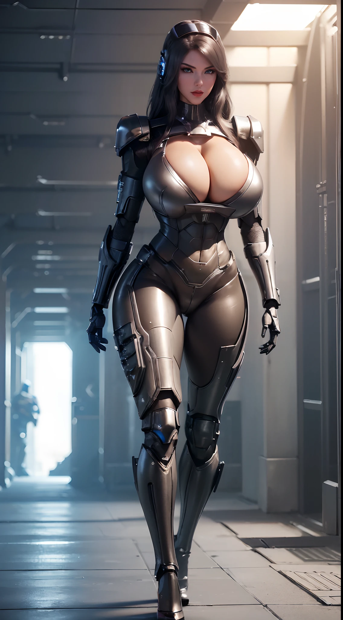 (1GIRL, ALONE, SOLO), (super detailed face), (Black Long Hair:1.2), (BIG BUTTOCKS, 11 LINE ABS, CLEAVAGE, HUGE FAKE BREASTS:1.5), (MECHA GUARD ARM:1.3), (FUTURISTIC MECHA CYBER ARMORED, MECHA SKINTIGHT SUIT PANTS, DIAMOND CORE IN ARMOR, MECHA GUARD ARMOR LEGS, HIGH HEELS:1.5), (THICC MUSCULAR FEMALE BODY, SEXY LONG LEGS:1.1), (LOOKING AT VIEWER:1.3), (female focus:0.886), (WALKING DOWN HALLWAY OF FUTURISTIC SPACE STATION:1), (BRIGHT LIGHTING:1.5), SUPER TEXTURE, UNREAL ENGINE RENDER, PHYSICALLY-BASED RENDERING, ULTRA HIGHT DEFINITION, 16K, 1080P.