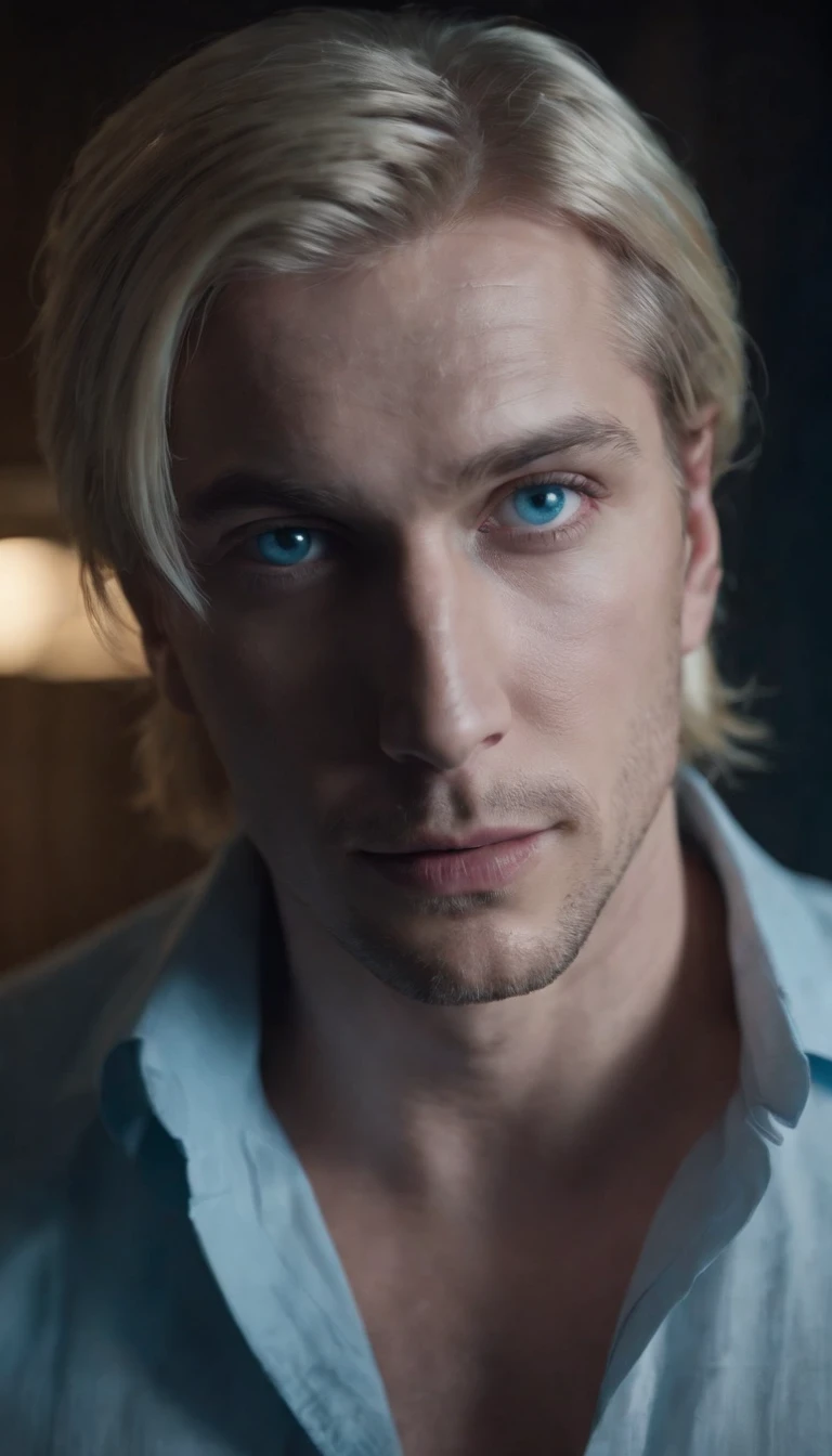 blonde hair blue eyes man held captive in a dark room, thriller, suspence, scifi, cyberpunk, 8k, cinematic scene from film