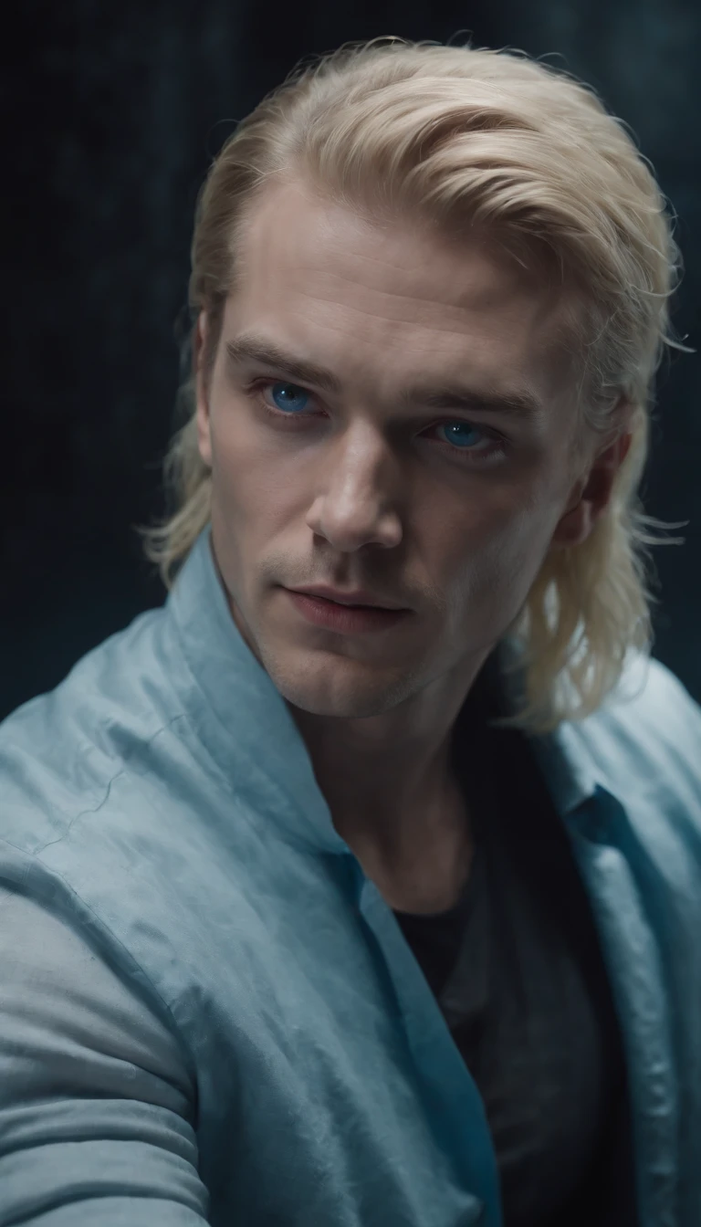 blonde hair blue eyes man held captive in a dark room, thriller, suspence, scifi, cyberpunk, 8k, cinematic scene from film