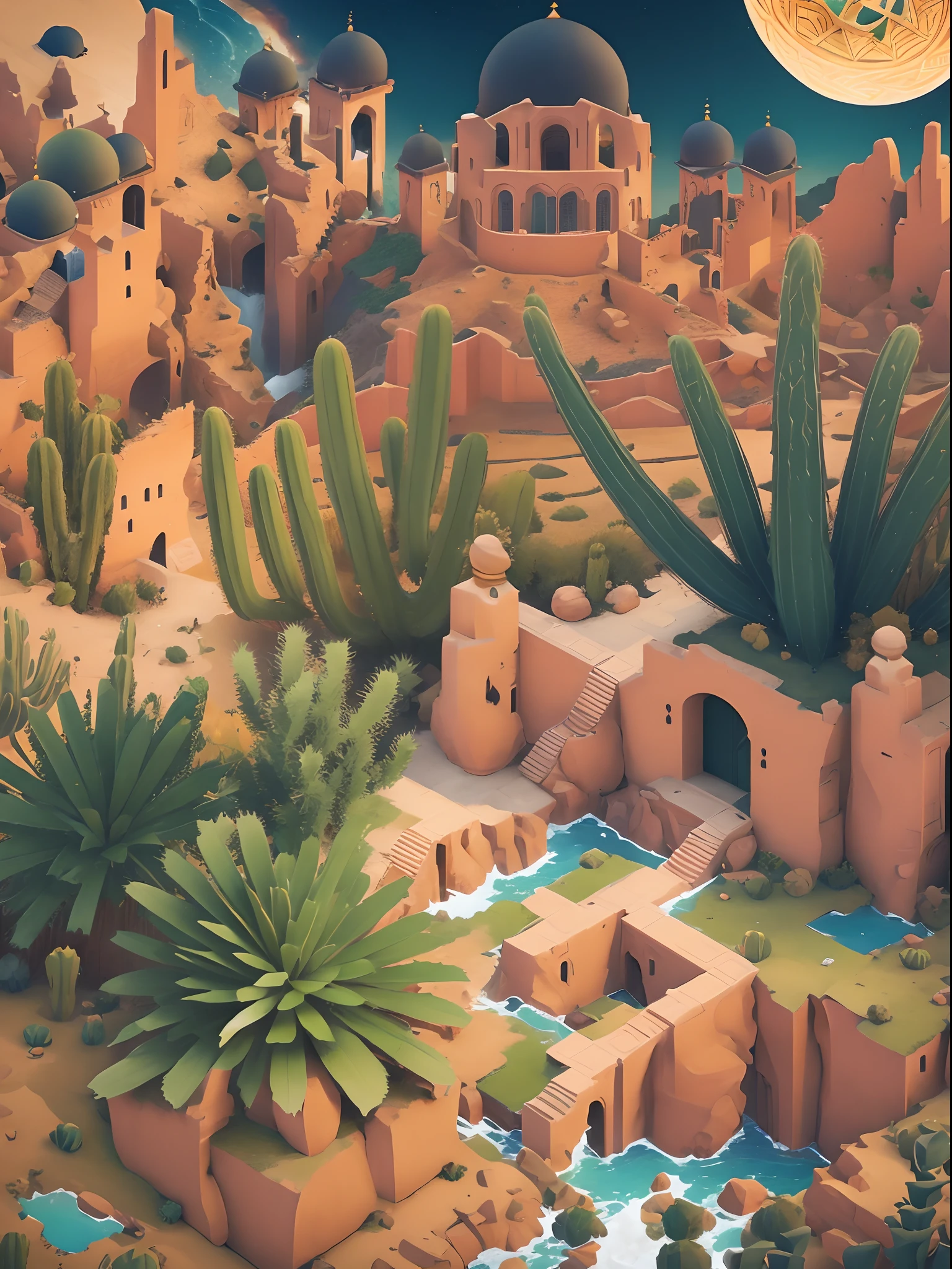 Landscape painting, Flowers in the desert, Giant cactus, Fractal portal to another perfect world,  (monument valley), illustration，(paradoxical geometr), tile,Brown tiles,Building,Dome,Onion dome,Brown onion dome, ,stairways,Buttress,arch bridges,Light brown background,Door, Brown walls are clearly focused, (hdr), (8K), (gigapixel), ((Masterpiece))，HighestQuali, Perfect background