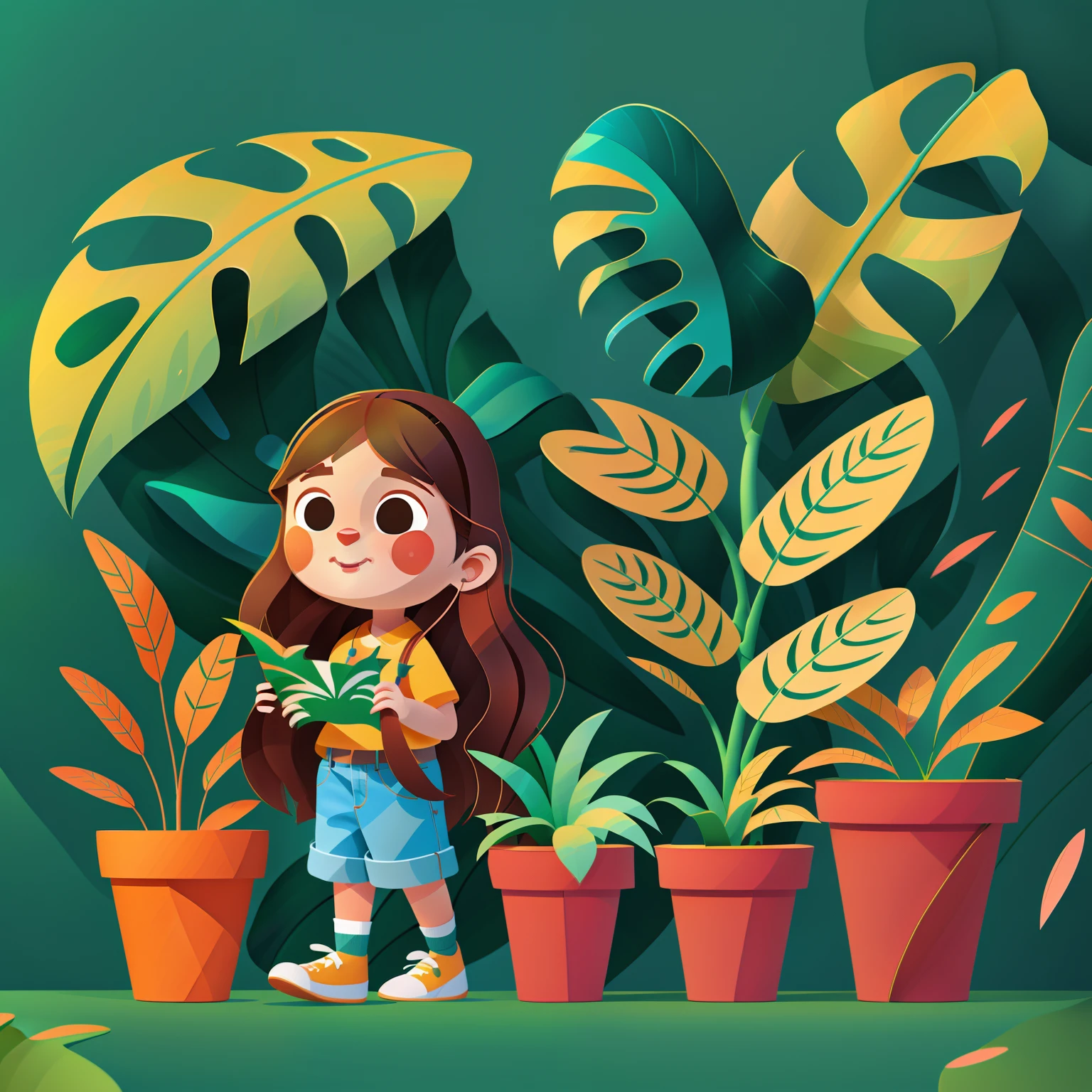 Long-haired girl，plant，potted，Monstera，O logo，vectorial，Line art，designs，Inspiration，straight line，对称