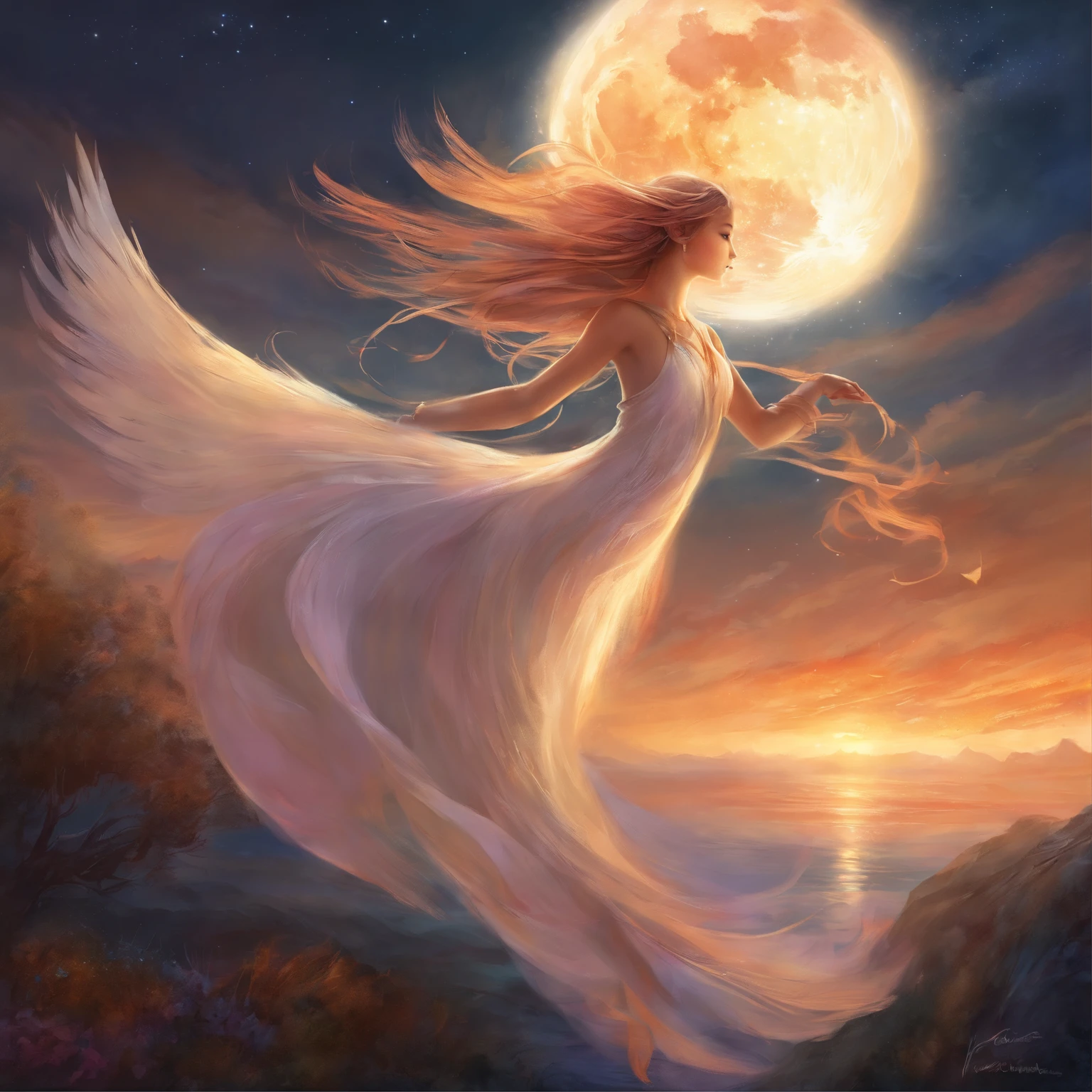 Girl dancing in the moonlight, Her dress swaying like the tail of a graceful phoenix, masutepiece, Best Quality