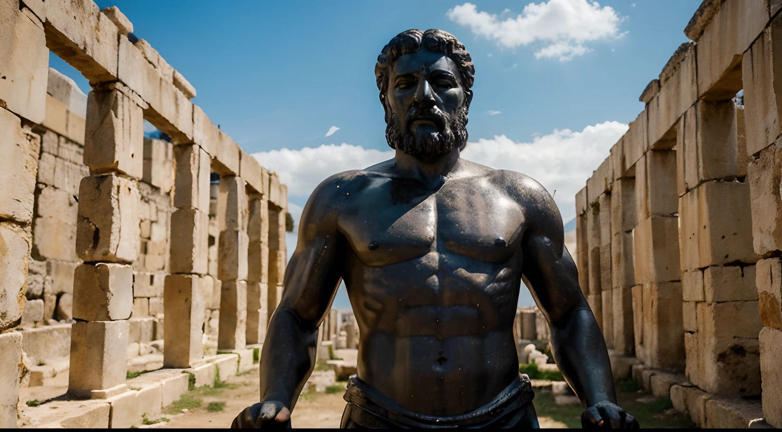 Ancient Stoic Statue With Very Angry Expression, tem barba, muitos detalhes em ambos os olhos, Outside, fundo atenas grego, open sky, com rosto extremamente detalhado full body view, Colors with low saturation with dark tone, Filmado em Sony A7S III com Sony FE 35mm f/1.8, 12.1 MP, --AR 3:2 --estilo cru