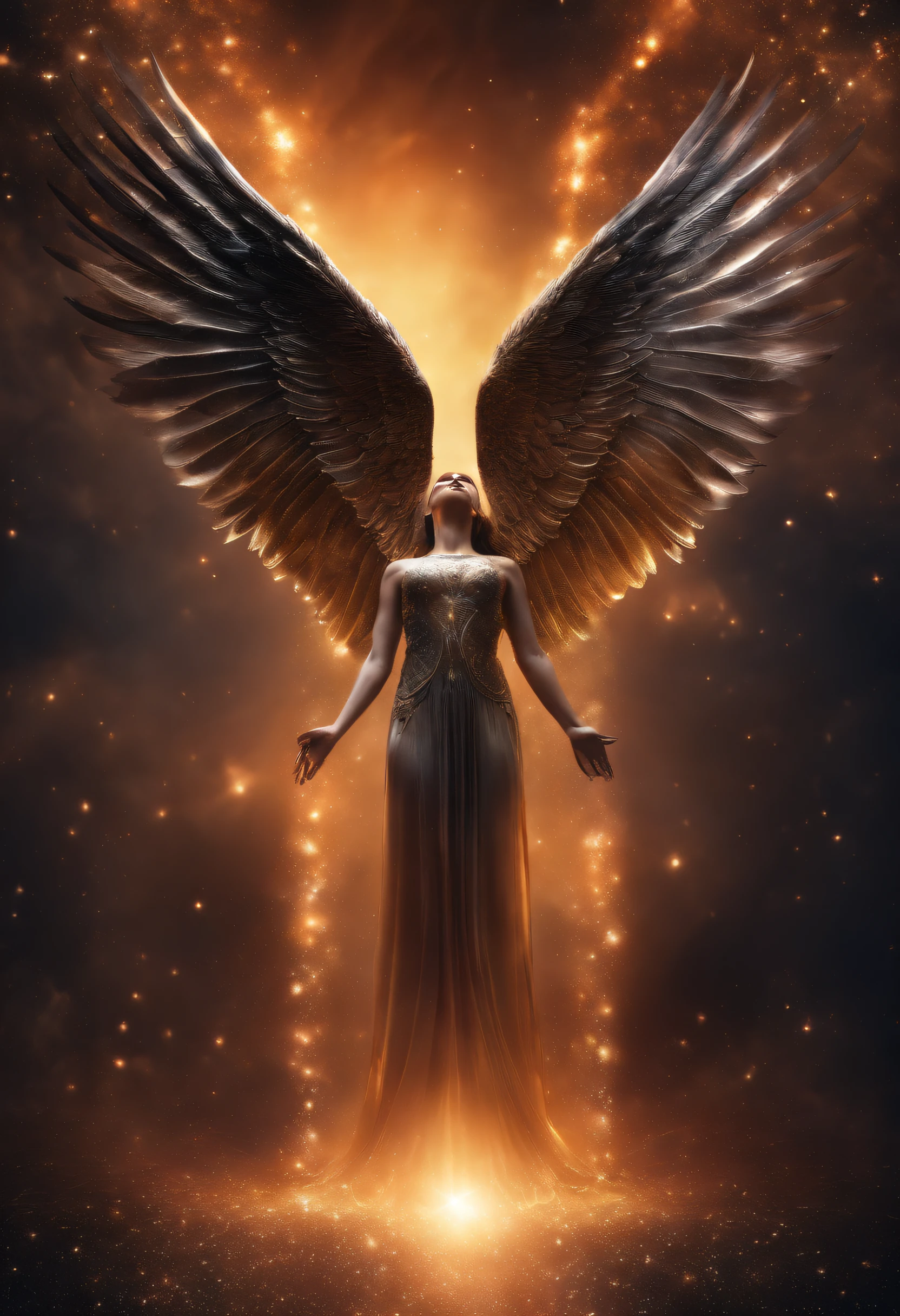 The evil fallen angel woman furiously stripped with huge wings of fire in the burning room.
