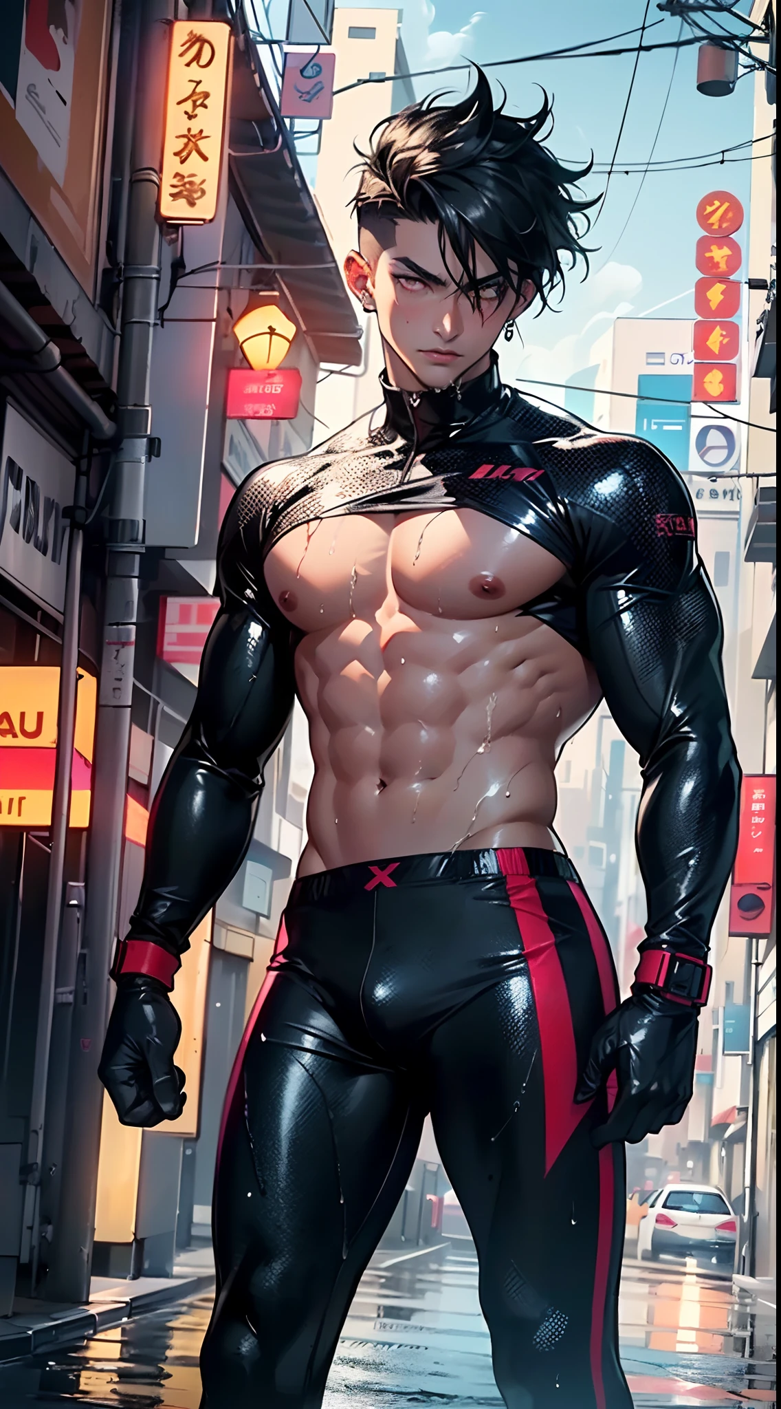 (1man:1.3),20-year-old,muscle,

muscle man,(((male gender:1))),

black hair,(((red_eyes:1.3))),intricate eyes,big pectorals,((muscle body,perfect anatomy))),

serious and thoughtful man,(nsfw),

(((dirty skin:1.5,lustrous skin:1.5,bright skin: 1.5,skin tanned,shiny skin,very shiny skin,shiny body,plastic glitter skin,exaggerated shiny skin,illuminated skin,wet legs))),(detailed body),

Wild Spike Black Saiyan, dirt smeared face,toned athletic body, (((has bare back and chest))), ((wet clothes,intricate outfit,intricate clothes,dirty clothes,torn clothes)),

(dynamic pose:1.0),solo focus,(angry),(centered,scale to fit dimensions,Rule of thirds),

cyberpunk city by the ocean at night, with bright neon signs and dark stormy clouds and puddles, scenery:1.25,

artistic photography,(photography taken by sldr),highres, sharp focus, (ultra detailed, extremely detailed), (photorealistic artwork:1.37),(extremely detailed CG unity 8k wallpaper),((synthwave background theme)),(((vibrant colors))),(intricate background),(masterpiece),(best quality),