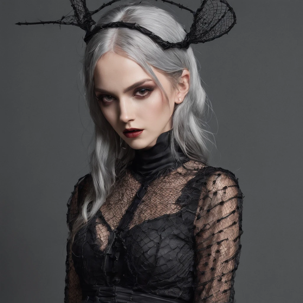 Girl with gothic net symbolic clothes, 。.com (Barbed wire of the body) brunette color hair,Gray hair ends