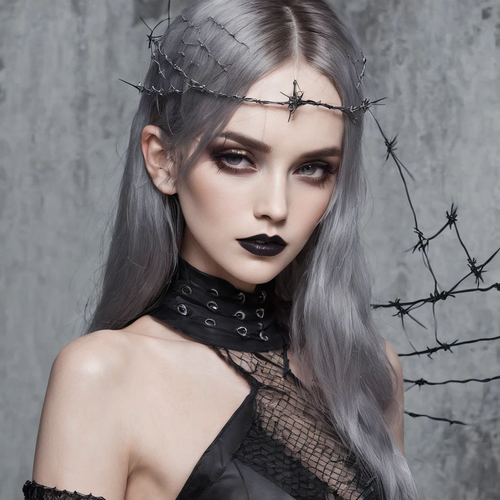 Girl with gothic net symbolic clothes, 。.com (Barbed wire of the body) brunette color hair,Gray hair ends