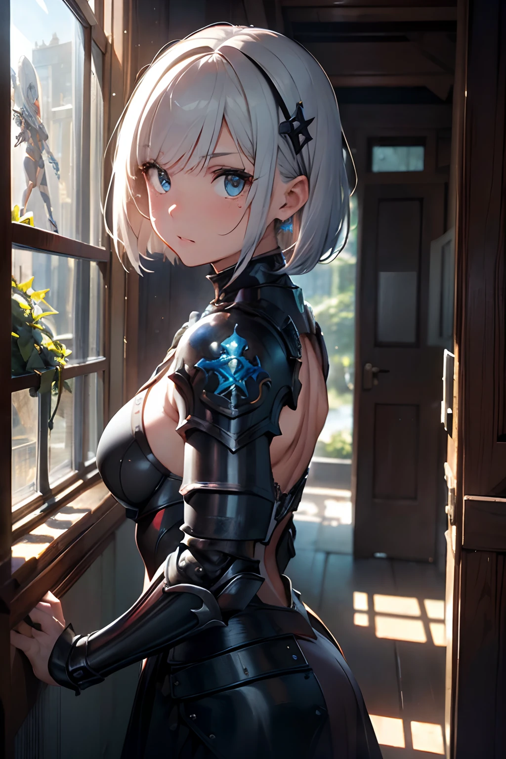 extremely detailed CG unity 8k wallpaper) full shot body photo of a devout sister of battle, portrait, action scene, ((extreme close up:1. 4)), beautiful sister of battle woman holding a standing in front of a stained glass window, (blush), ((air tank on back)), ((fleur de lys armor)), ((fleur de lys face tattoo:1. 2)), ((purity seals on armor)), (bangs), (freckles:0. 9), detailed symmetrical face, ((white hair:1. 4)), (bob cut hair), (ice blue eyes), reflective eyes, dark eyebrows, mascara, makeup, (dark lipstick), (warhammer power armor), ((intricate sisters of battle power armor:1. 2)), (red pelvic curtain:1. 2), ((red armor:1. 4)), sci fi nun armor, ((black armor)) (matte armor), drawn in warhammer 40k style, (vines and ivy), marble walls, dust particles, detailed lighting, rim lighting, dramatic lighting, chiaroscuro, (from side), from above, professional majestic impressionism oil painting by Waterhouse, John Constable, Ed Blinkey, Atey Ghailan, Studio Ghibli, by Jeremy Mann, Greg Manchess, Antonio Moro, trending on ArtStation, trending on CGSociety, Intricate, High Detail, dramatic, makoto shinkai kyoto, trending on artstation, trending on CGsociety