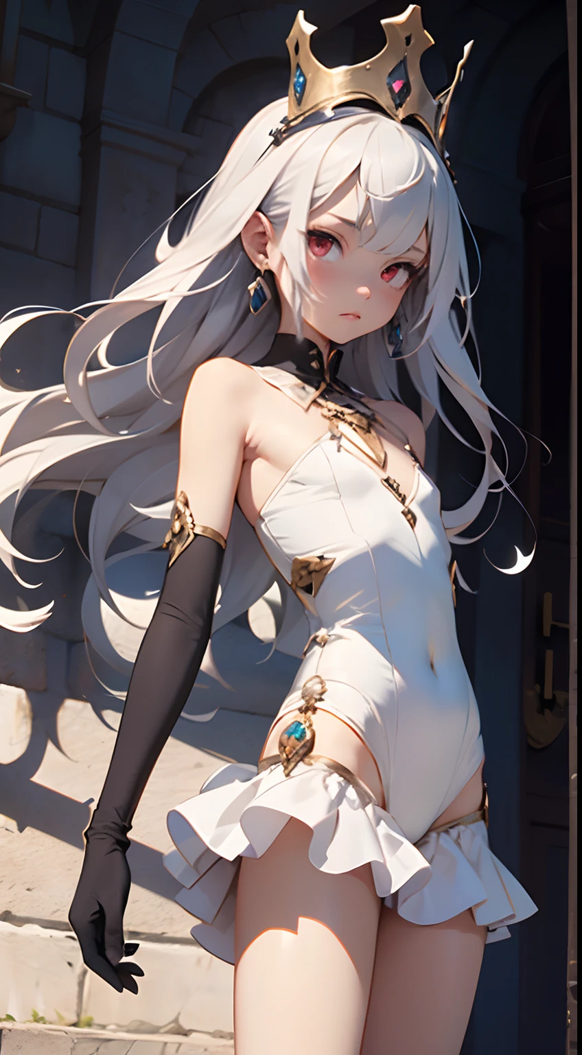 1girl, solo, (((petite, flat chest))), ((small)), thin, slim thighs, white_leotard, silver_hair, long_hair, bare_shoulders, frills, dress, elbow gloves, crown, red_eyes, jewelry, expressionless