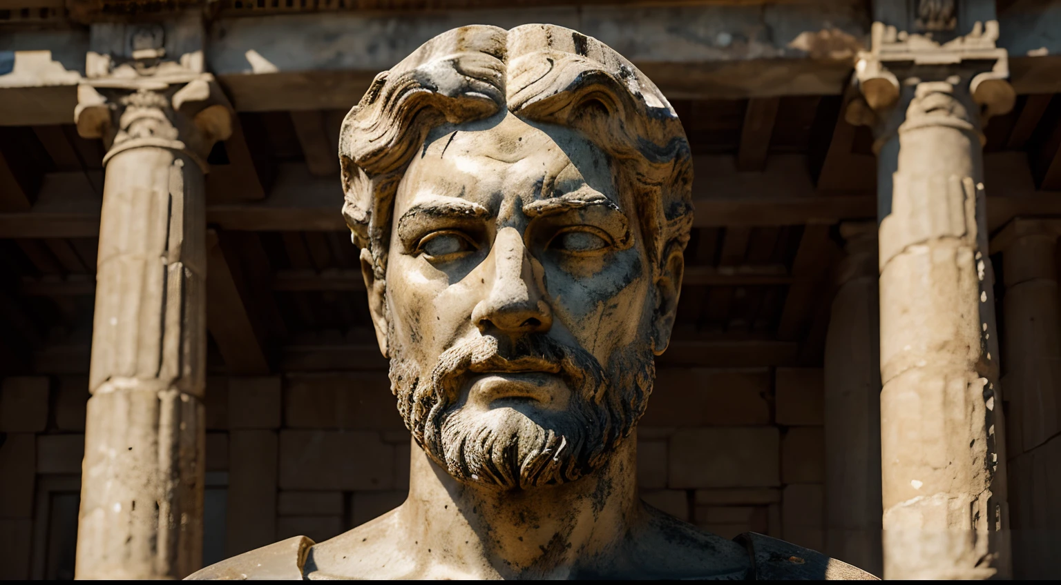 Ancient Stoic Statue With Very Angry Expression, tem barba, muitos detalhes em ambos os olhos, Outside, fundo atenas grego, open sky, com rosto extremamente detalhado full body view, Colors with low saturation with dark tone, Filmado em Sony A7S III com Sony FE 35mm f/1.8, 12.1 MP, --AR 3:2 --estilo cru