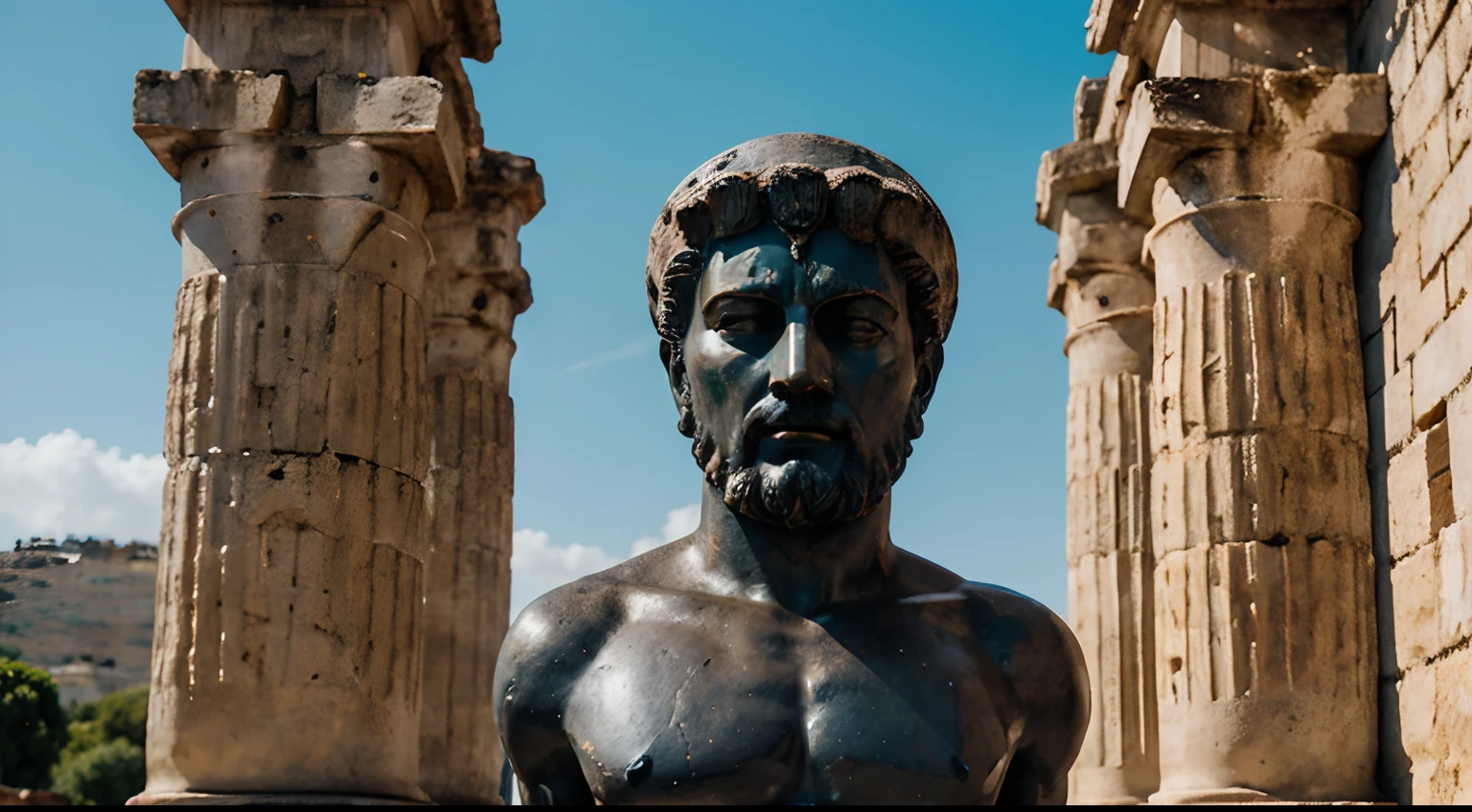 Ancient Stoic Statue With Very Angry Expression, tem barba, muitos detalhes em ambos os olhos, Outside, fundo atenas grego, open sky, com rosto extremamente detalhado full body view, Colors with low saturation with dark tone, Filmado em Sony A7S III com Sony FE 35mm f/1.8, 12.1 MP, --AR 3:2 --estilo cru