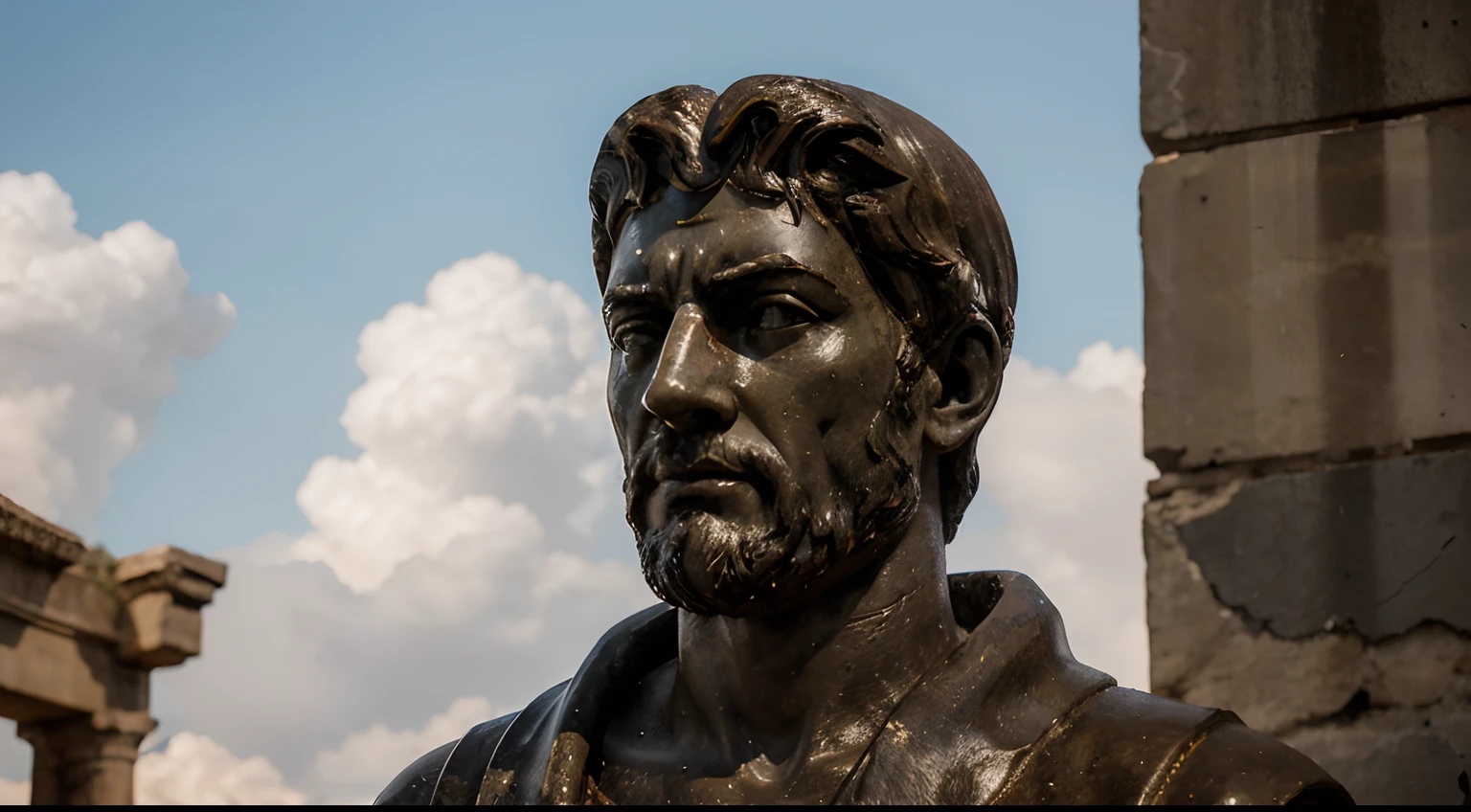 Ancient Stoic Statue With Very Angry Expression, tem barba, muitos detalhes em ambos os olhos, Outside, fundo atenas grego, open sky, com rosto extremamente detalhado full body view, Colors with low saturation with dark tone, Filmado em Sony A7S III com Sony FE 35mm f/1.8, 12.1 MP, --AR 3:2 --estilo cru
