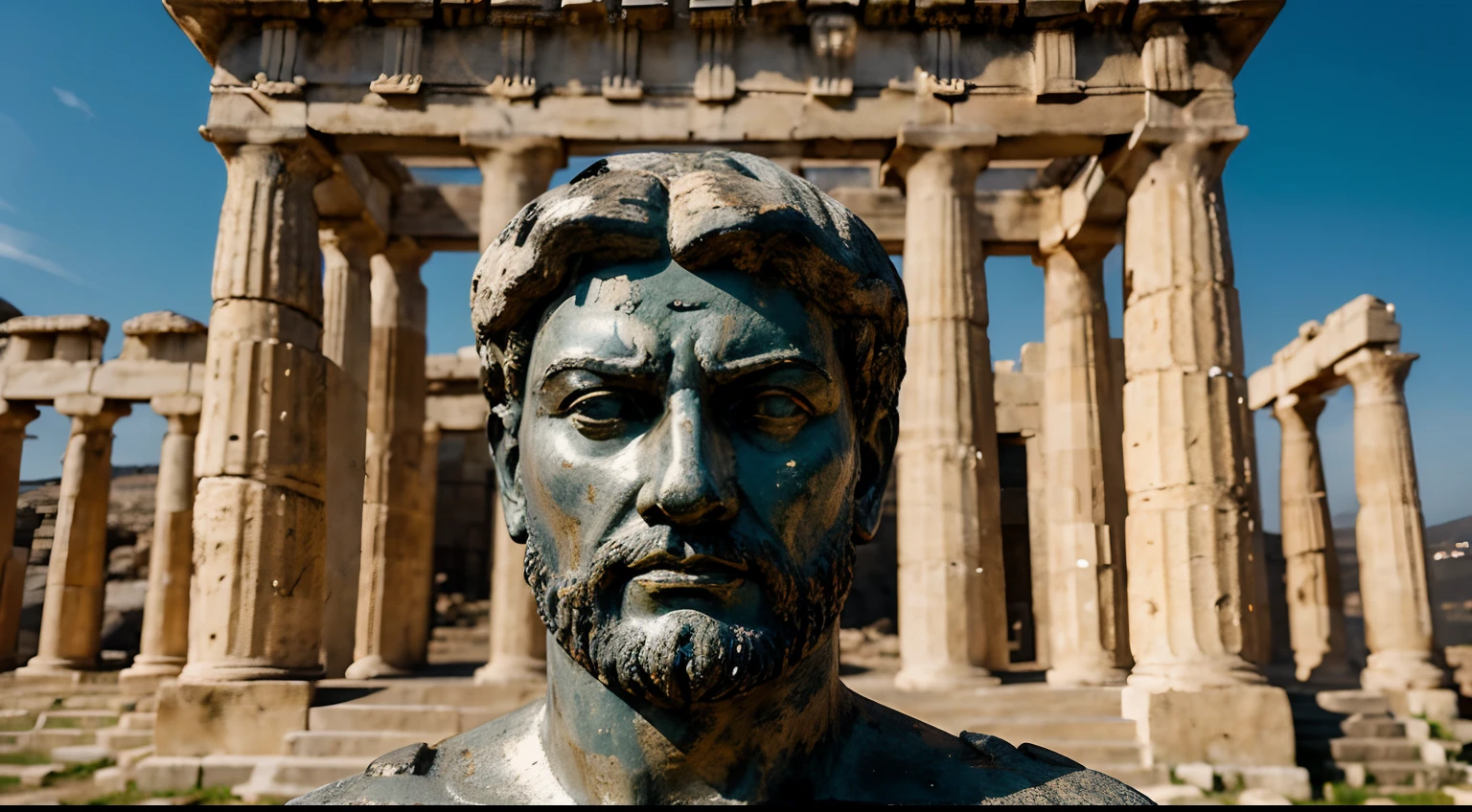 Ancient Stoic Statue With Very Angry Expression, tem barba, muitos detalhes em ambos os olhos, Outside, fundo atenas grego, open sky, com rosto extremamente detalhado full body view, Colors with low saturation with dark tone, Filmado em Sony A7S III com Sony FE 35mm f/1.8, 12.1 MP, --AR 3:2 --estilo cru