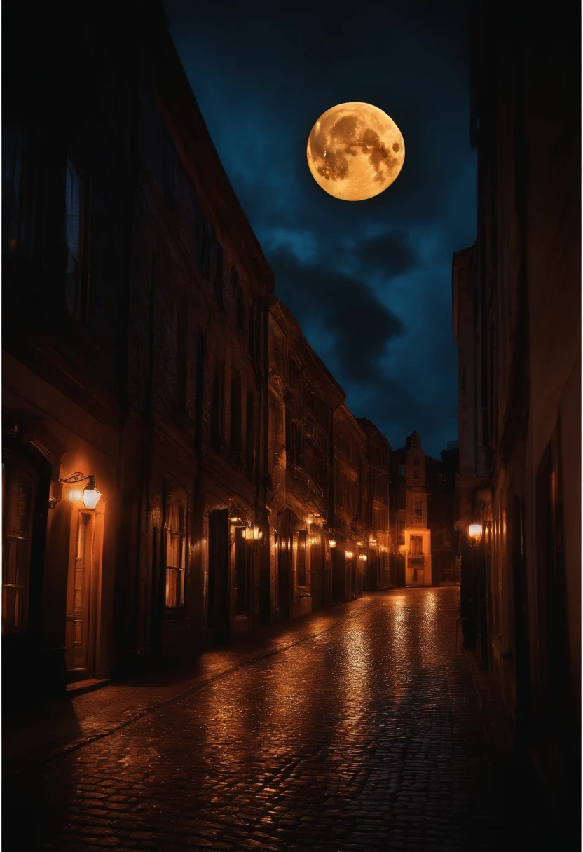 Create an atmosphere of terror in this photo of a city in the dark at night, Adding Lighted Pumpkins to the Windows, Ghosts flying between the buildings and a full moon with a piercing gaze.”