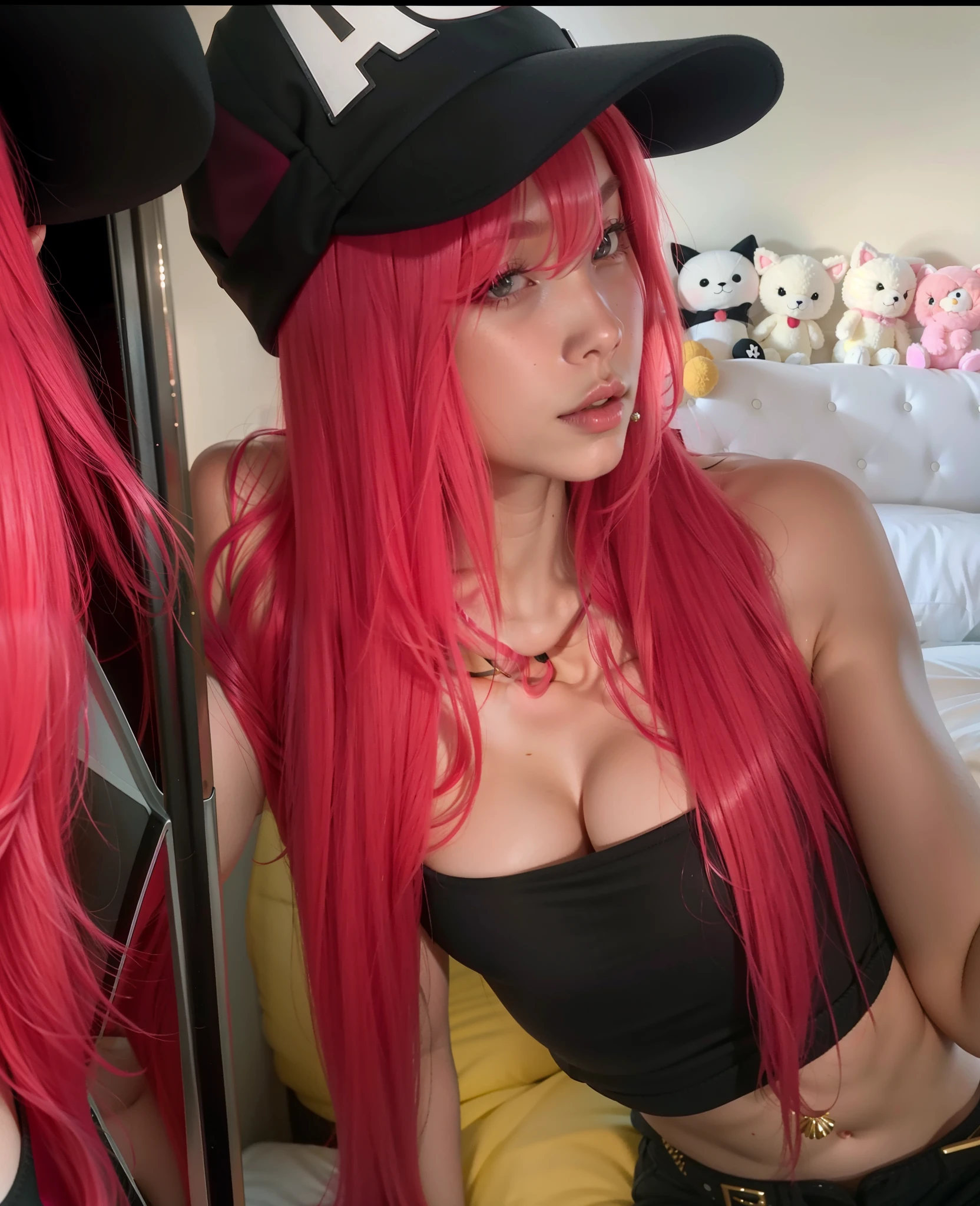 there is a woman with red hair wearing a black hat, red wig, long bubblegum hair, long pink hair, with long red hair, pink straight hair, anime girl in real life, with pink hair, huge pink hair, long flowing pink hair, red long hair, anime vibes, black top, perfect skin, fuller round lips, perfect eyebrows, perfect nose, breast, cleavage, she in her room, plushies in the background, she is posing for a selfie, perfect tone skin, tone body, 8K, Top Quality, Intricate Details, Ultra Detail, Ultra High Resolution, masterpiece, cinematic, realism, not staring at the camera, darker skin, tan skin, medium dark skin tone, American girl