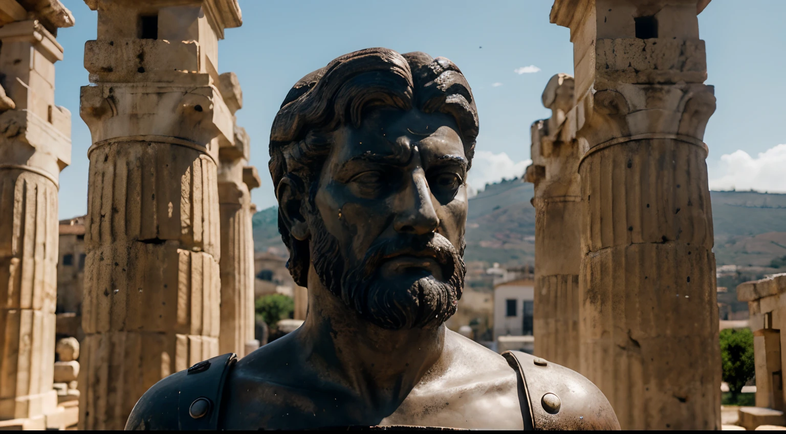Ancient Stoic Statue With Very Angry Expression, tem barba, muitos detalhes em ambos os olhos, Outside, fundo atenas grego, open sky, com rosto extremamente detalhado full body view, Colors with low saturation with dark tone, Filmado em Sony A7S III com Sony FE 35mm f/1.8, 12.1 MP, --AR 3:2 --estilo cru