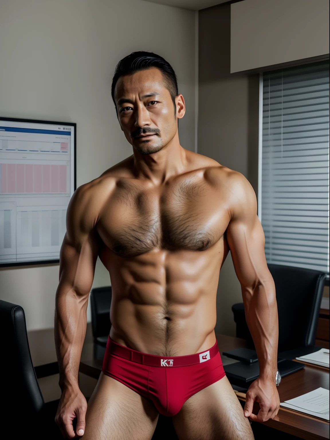 aged 40,Hidetoshi Nakata,(Kogoro Mouri 1.3),Crotch contour elevation,Thick body hair,office room,Two men in suits stood,Shirtless,Sexy red briefs,fortitude,k hd,with mustache,black long socks,Thick chest hair,