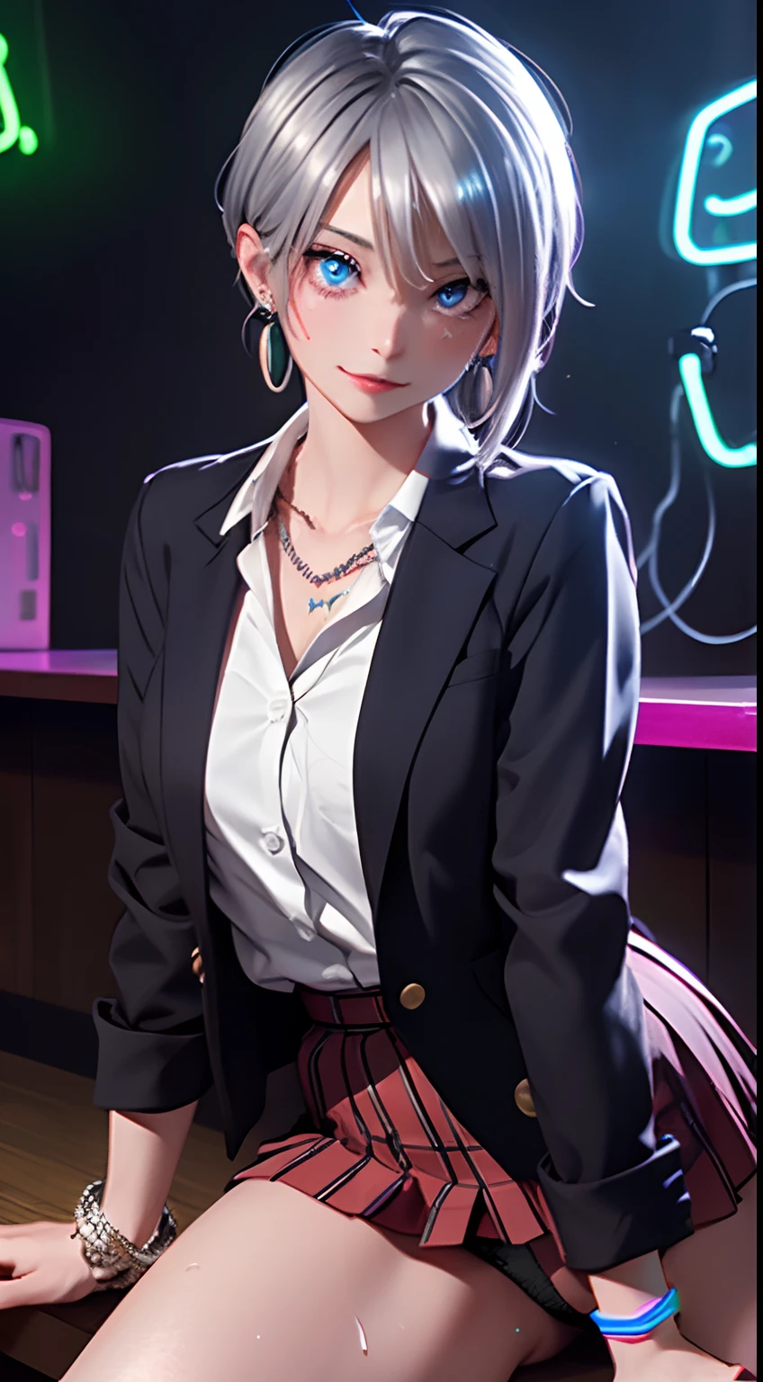 (masutepiece: 1.3), (max resolution: 1.2), (Ultra HDTV: 1.2), spot light, Ultra HDTV, (Detailed eyes and skin), (detailed facial features), 8K resolution, Sharp Focus: 1.2, Perfect Style, Beautiful face, acurate, Anatomically correct, Highly detailed face and skin texture, Detailed eyes, Dark-blue eyes, Double eyelids, Thin eyebrows, (Dropped eyes:0.65), (Glitter Eyeliner:1.2), Natural cheeks, (Sweaty skin:1.2), (Fair skin:1.2), (Colorful Neon Bracelet:1.2) ,shiny necklace and earrings, (Glossy lips: 1.4), BREAK, absurderes, One-person viewpoint, (They are very cute female bar hostesses), (While wearing a button-up white shirt:1.3), BREAK, (Wear a blazer:1.3), BREAK, (Red Pleated Super Mini Skirt:1.2), ((Show me your little string panties:1.2)), (high-heels), BREAK, (Shy smile:1.3), ((18 years old, Very cute and neat girl:1.3)), (high-ponytail Hairstyle, Wavy Hair), (((Silver hair:1.4))), Medium Long Hair, (Cowboy Shot: 1.2), Focus on body, Large breasts, ((Sitting with wide open legs in front of the bar counter:1.4)), ((On a dimly lit ultra-erotic dance floor:1.4)), BREAK, ((((Rainbow Neon Light:1.4))), (((Dimly lit interior, blacklight))),Girl straddling man sitting on sofa、NSFW