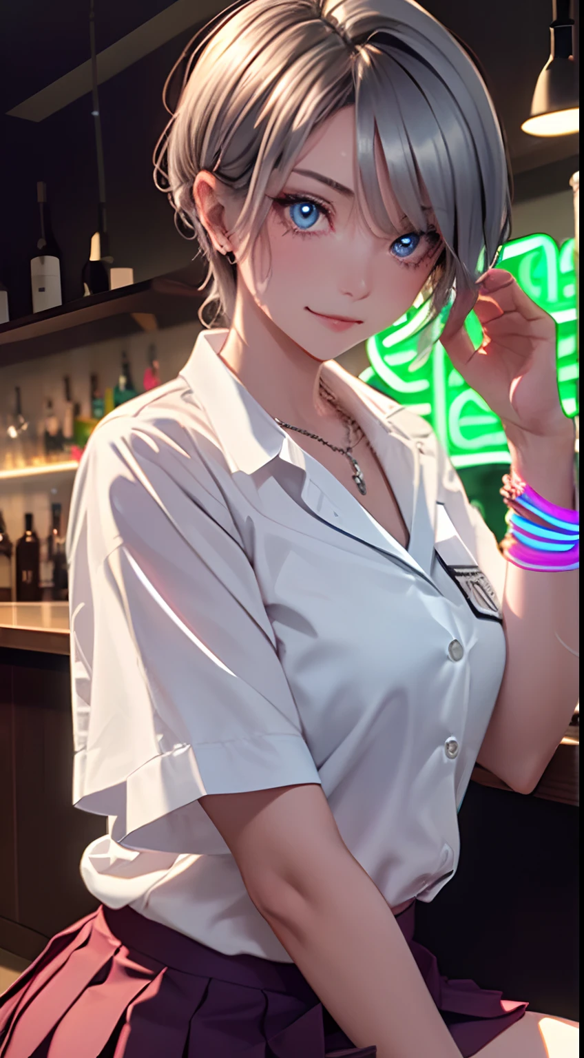 (masutepiece: 1.3), (max resolution: 1.2), (Ultra HDTV: 1.2), spot light, Ultra HDTV, (Detailed eyes and skin), (detailed facial features), 8K resolution, Sharp Focus: 1.2, Perfect Style, Beautiful face, acurate, Anatomically correct, Highly detailed face and skin texture, Detailed eyes, Dark-blue eyes, Double eyelids, Thin eyebrows, (Dropped eyes:0.65), (Glitter Eyeliner:1.2), Natural cheeks, (Sweaty skin:1.2), (Fair skin:1.2), (Colorful Neon Bracelet:1.2) ,shiny necklace and earrings, (Glossy lips: 1.4), BREAK, absurderes, One-person viewpoint, (They are very cute female bar hostesses), (While wearing a button-up white shirt:1.3), BREAK, (Wear a blazer:1.3), BREAK, (Red Pleated Super Mini Skirt:1.2), ((Show me your little string panties:1.2)), (high-heels), BREAK, (Shy smile:1.3), ((18 years old, Very cute and neat girl:1.3)), (high-ponytail Hairstyle, Wavy Hair), (((Silver hair:1.4))), Medium Long Hair, (Cowboy Shot: 1.2), Focus on body, Large breasts, ((Sitting with wide open legs in front of the bar counter:1.4)), ((On a dimly lit ultra-erotic dance floor:1.4)), BREAK, ((((Rainbow Neon Light:1.4))), (((Dimly lit interior, blacklight))),Girl straddling man sitting on sofa、NSFW