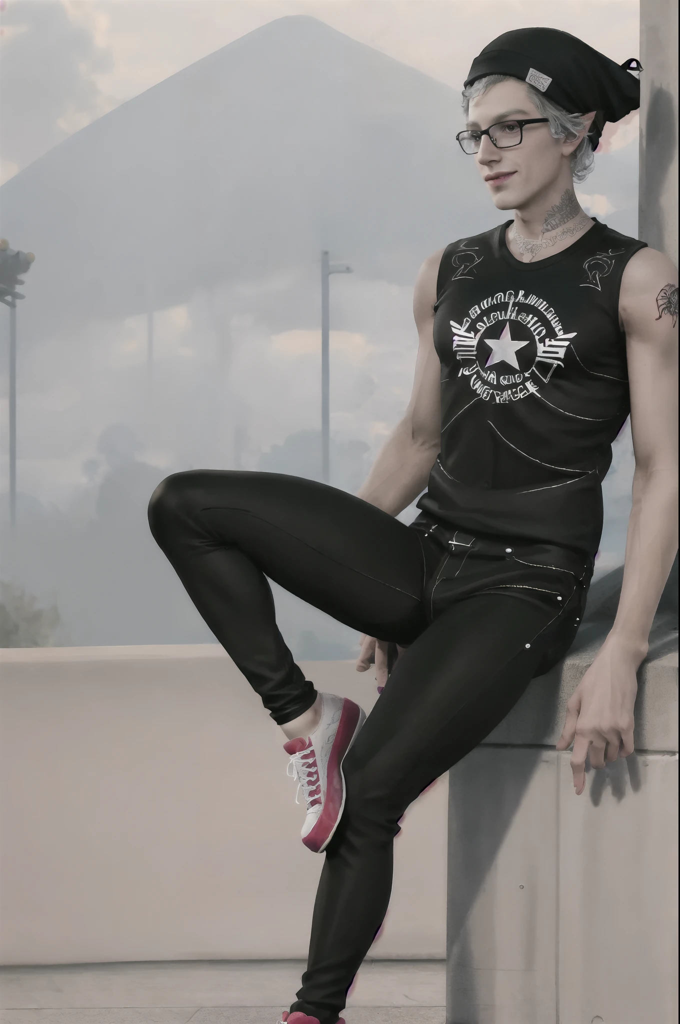 Astarion, smiling, hipster glasses, hipster tattoos, wearing black tank top, black beanie, skinny jeans, converse shoes, at a skate park