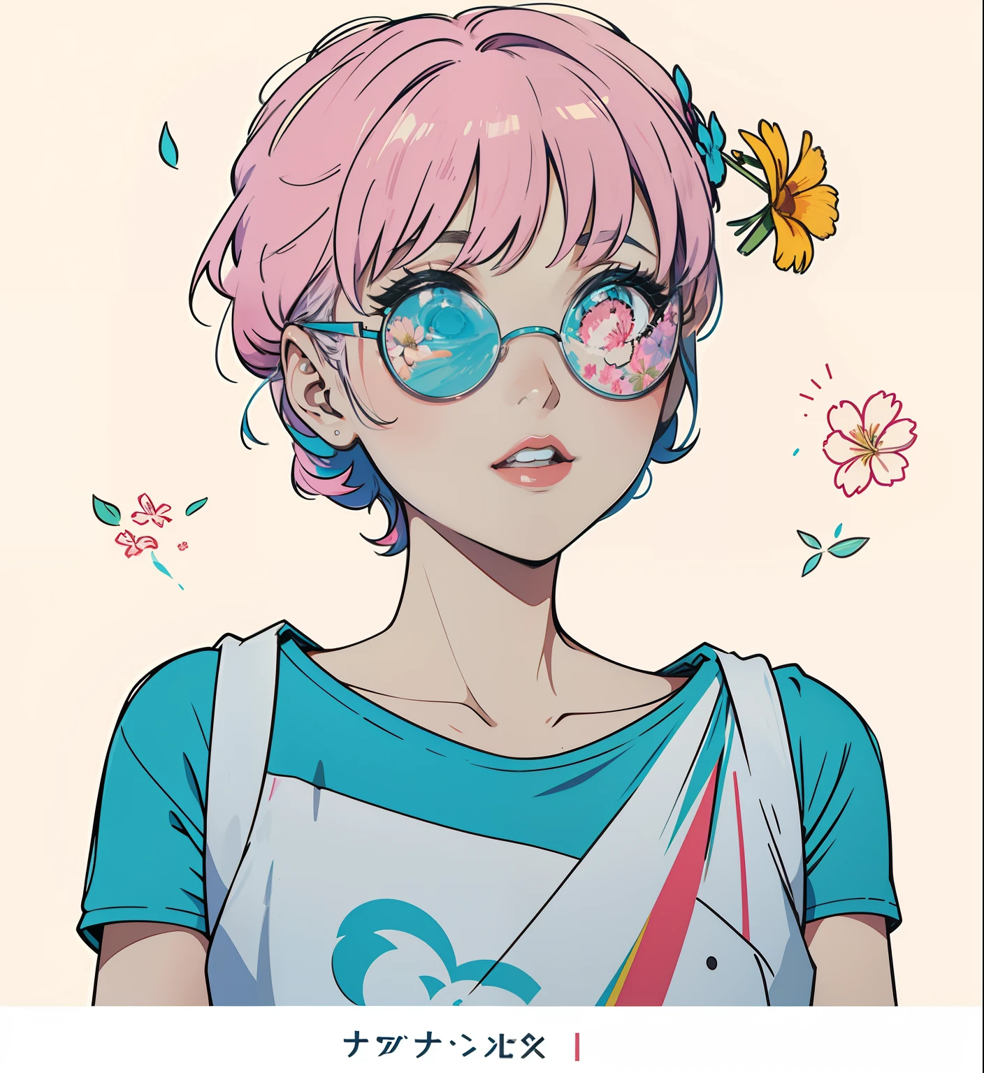 Create digital artworks in the Pop Art style, Mettant en vedette une jeune fille asiatique dynamique et confiante，Mode de rue, Jeu de couleurs de film, Surrounded by vintage floral designs, Des coups de pinceau vibrants,Emotions need to be dynamic, Haut du corps, dessin, illustration, niveaux de gris, tropical, Beaucoup de fleurs,
