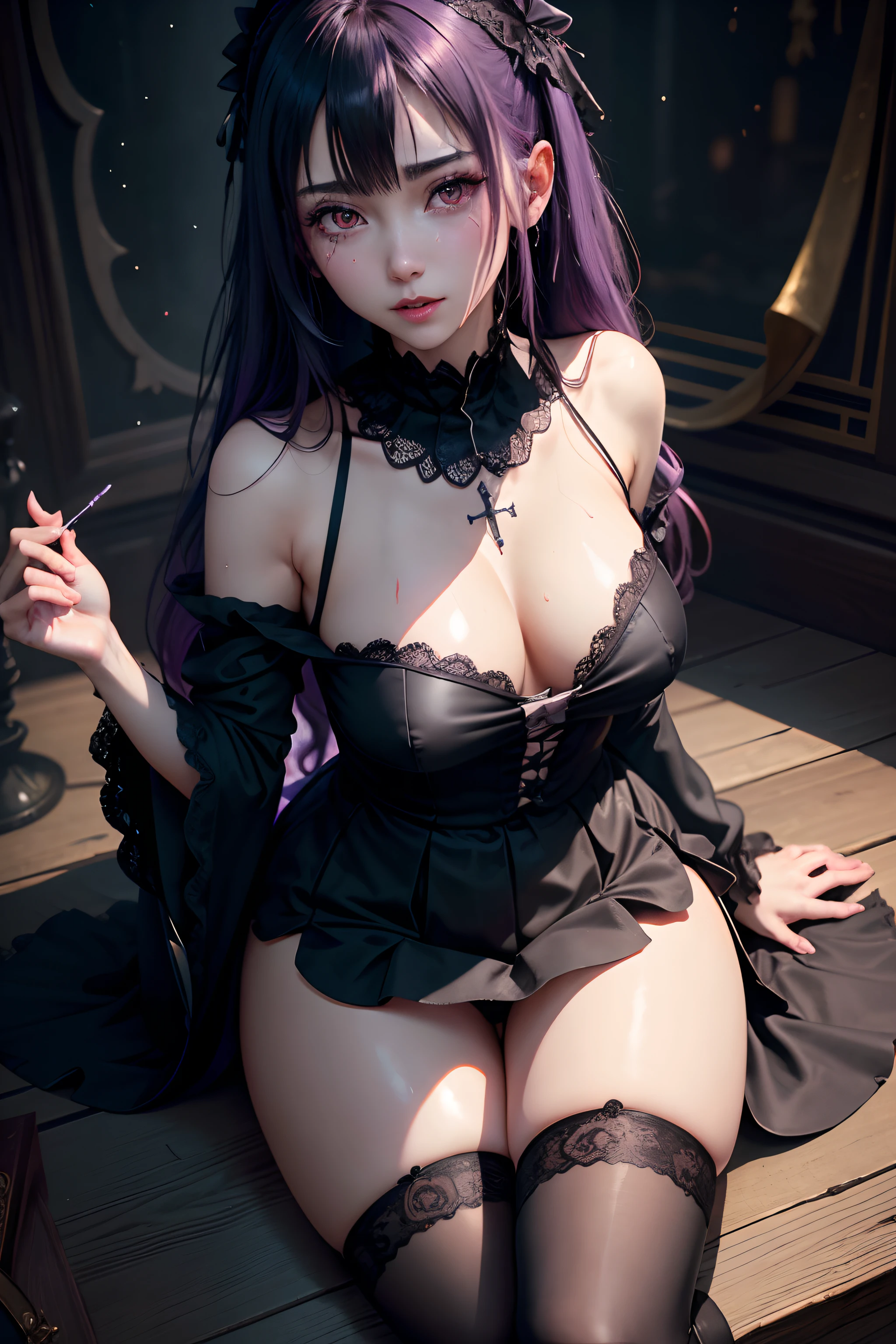 Fornication、Hard Dark Gothic Makeup、Maniacal、Deep night sky、horor、Black Dark Eyeshadow、slaves、crying how bright、mourn、Sad songs、Good skin luster、Lace pink、Long hair straight hair、Dark Gothic Makeup、Dark smile、Restless Palace、Expressions of sexual arousal、Fragrant beauty、age19、carriage、Lying、seductiv、Strong sexual pleasure facial expressions、A look of shame、Dark Gothic、Gothic Long Dress、Gothic ta、masturbation、bell sleeves、Wizard Sleeve、Obscene look、Stained glass background、masutepiece、Best Quality、Ultra-detailed、Refers to 5 books、Sweat glitters on my chest、Glitter of sweat on your face、Expression of sexual pleasure in anguish、Drunken face、maid clothes、Nasty Woman、Mysterious、noble、Face holding back the toilet、Goth lolithes、Black pretend skirt、View from above、the body is wet and shiny、Transcendent sex appeal、sexy pose、Nasty poses、Face of fiery body、sloppily open your legs、Sweating profusely、Glitter on the thighs、I'm sweating a lot、a little slender、Breast Size Medium、cross one's legs、Affectionate smile、twin-tail hair、Bright purple hair、Slender system、
