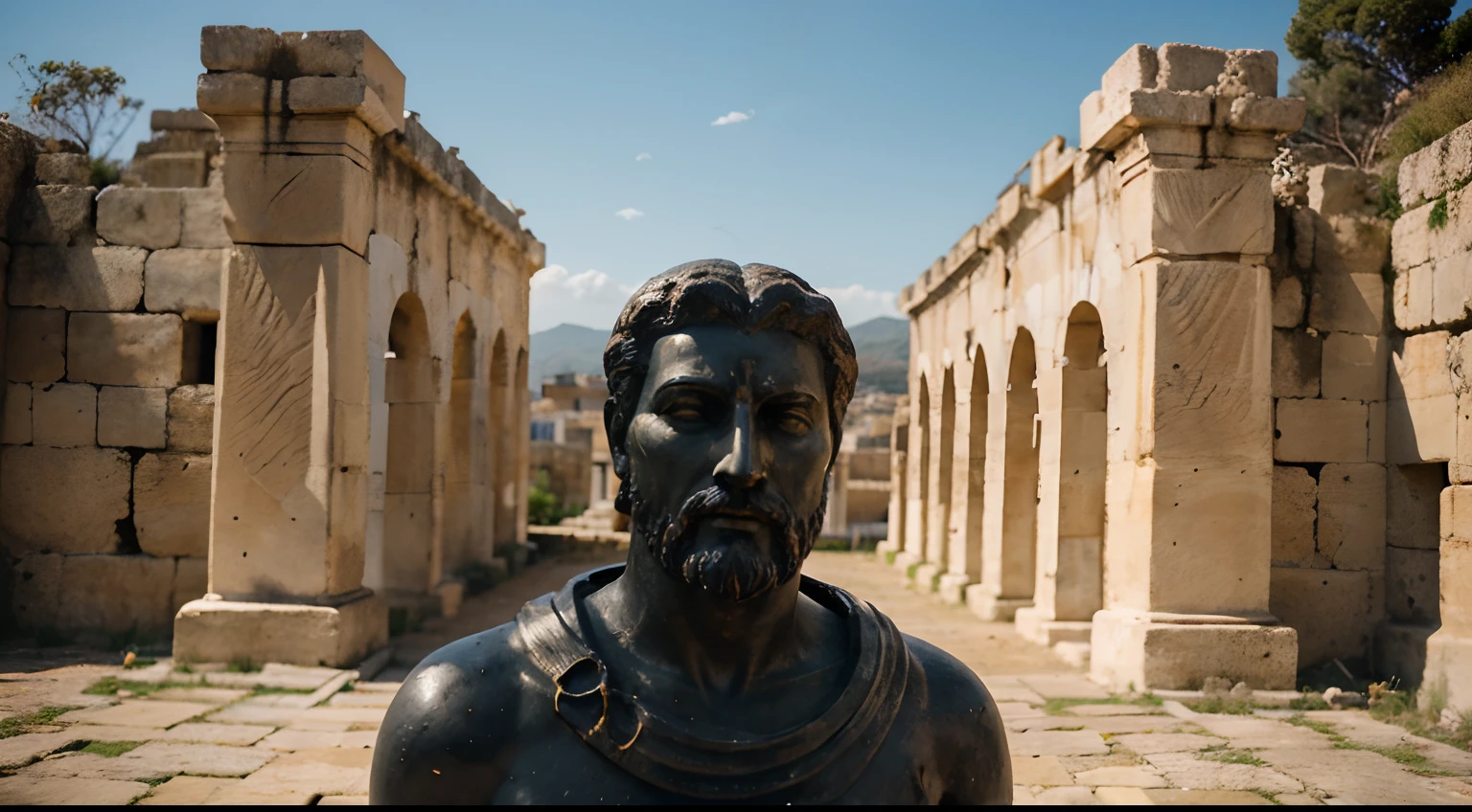 Ancient Stoic Statue With Very Angry Expression, tem barba, muitos detalhes em ambos os olhos, Outside, fundo atenas grego, open sky, com rosto extremamente detalhado full body view, Colors with low saturation with dark tone, Filmado em Sony A7S III com Sony FE 35mm f/1.8, 12.1 MP, --AR 3:2 --estilo cru