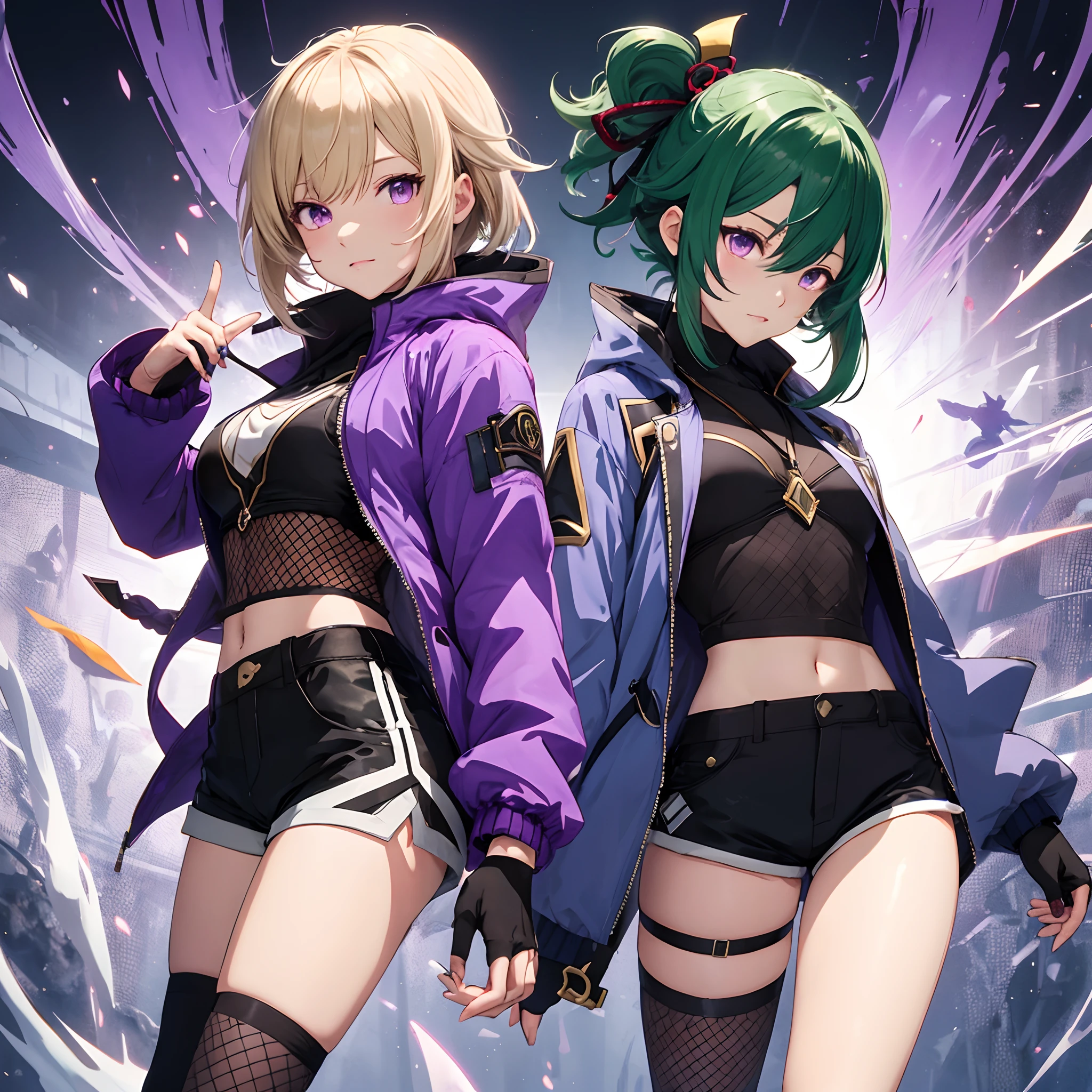 Kuki shinobu, genshin impact, green hair, mask, short hair, hair ties, purple eyes, mihoyo, true art, masterwork, anime style, purple jacket, black top, naval, fishnet, thigh highs, armor, shorts, fingerless gloves, crop top, purple rope,