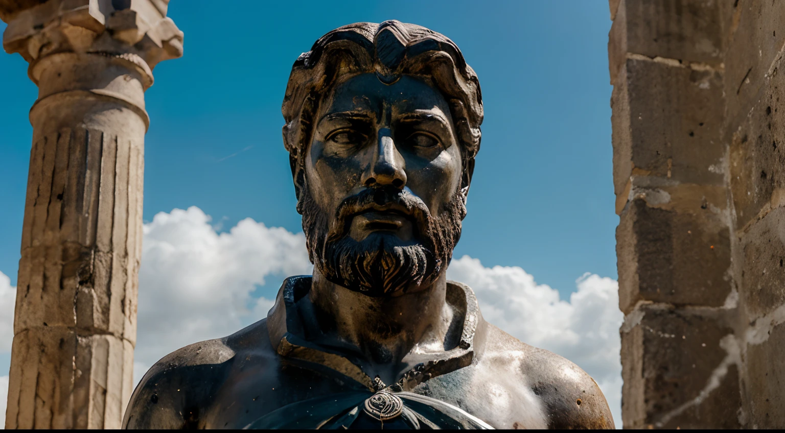 Ancient Stoic Statue With Very Angry Expression, tem barba, muitos detalhes em ambos os olhos, Outside, fundo atenas grego, open sky, com rosto extremamente detalhado full body view, Colors with low saturation with dark tone, Filmado em Sony A7S III com Sony FE 35mm f/1.8, 12.1 MP, --AR 3:2 --estilo cru