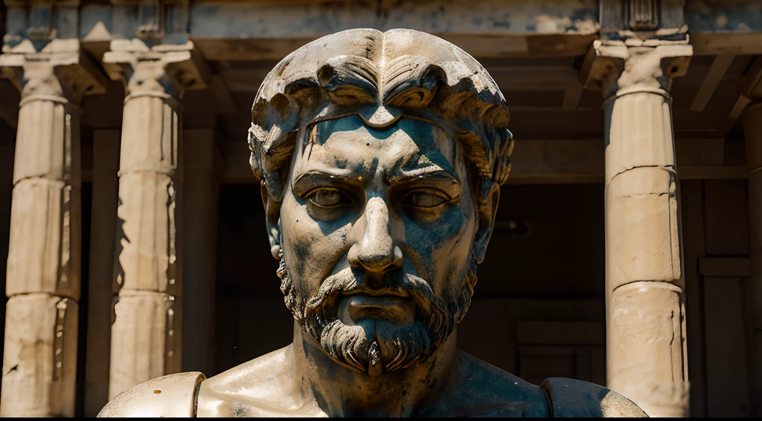 Ancient Stoic Statue With Very Angry Expression, tem barba, muitos detalhes em ambos os olhos, Outside, fundo atenas grego, open sky, com rosto extremamente detalhado full body view, Colors with low saturation with dark tone, Filmado em Sony A7S III com Sony FE 35mm f/1.8, 12.1 MP, --AR 3:2 --estilo cru