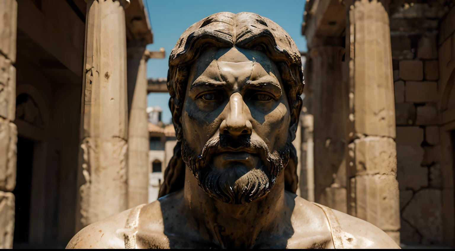 Ancient Stoic Statue With Very Angry Expression, tem barba, muitos detalhes em ambos os olhos, Outside, fundo atenas grego, open sky, com rosto extremamente detalhado full body view, Colors with low saturation with dark tone, Filmado em Sony A7S III com Sony FE 35mm f/1.8, 12.1 MP, --AR 3:2 --estilo cru