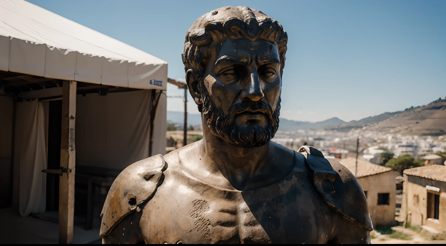 Ancient Stoic Statue With Very Angry Expression, tem barba, muitos detalhes em ambos os olhos, Outside, fundo atenas grego, open sky, com rosto extremamente detalhado full body view, Colors with low saturation with dark tone, Filmado em Sony A7S III com Sony FE 35mm f/1.8, 12.1 MP, --AR 3:2 --estilo cru