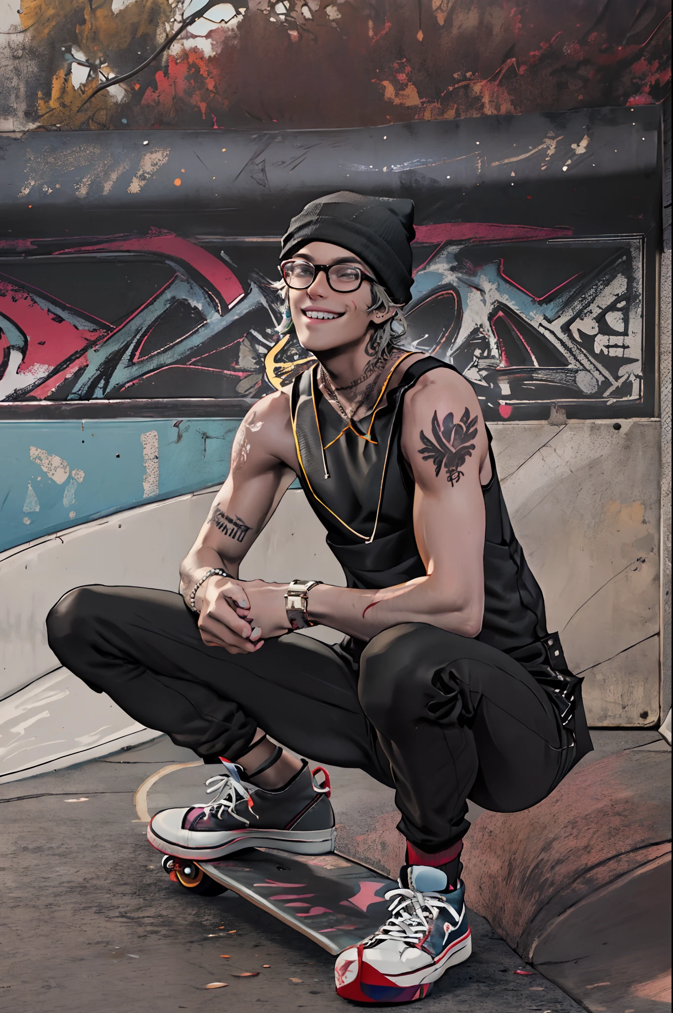 Astarion, smiling, hipster glasses, hipster tattoos, wearing black tank top, black beanie, skinny jeans, converse shoes, at a skate park