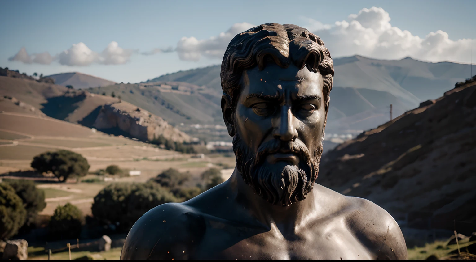 Ancient Stoic Statue With Very Angry Expression, tem barba, muitos detalhes em ambos os olhos, Outside, fundo atenas grego, open sky, com rosto extremamente detalhado full body view, Colors with low saturation with dark tone, Filmado em Sony A7S III com Sony FE 35mm f/1.8, 12.1 MP, --AR 3:2 --estilo cru