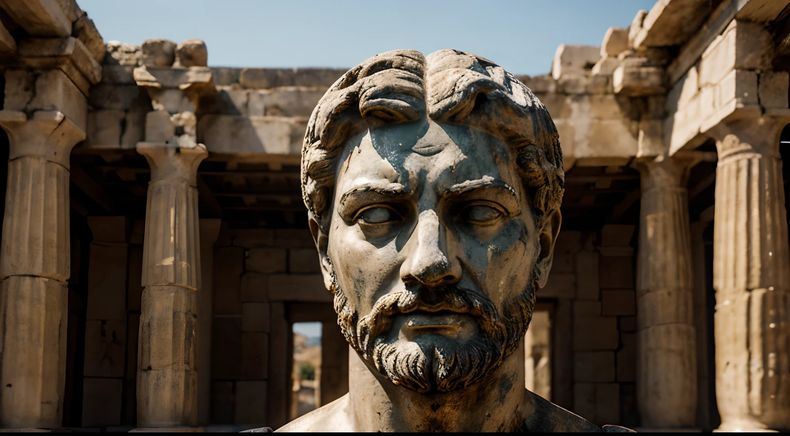 Ancient Stoic Statue With Very Angry Expression, tem barba, muitos detalhes em ambos os olhos, Outside, fundo atenas grego, open sky, com rosto extremamente detalhado full body view, Colors with low saturation with dark tone, Filmado em Sony A7S III com Sony FE 35mm f/1.8, 12.1 MP, --AR 3:2 --estilo cru