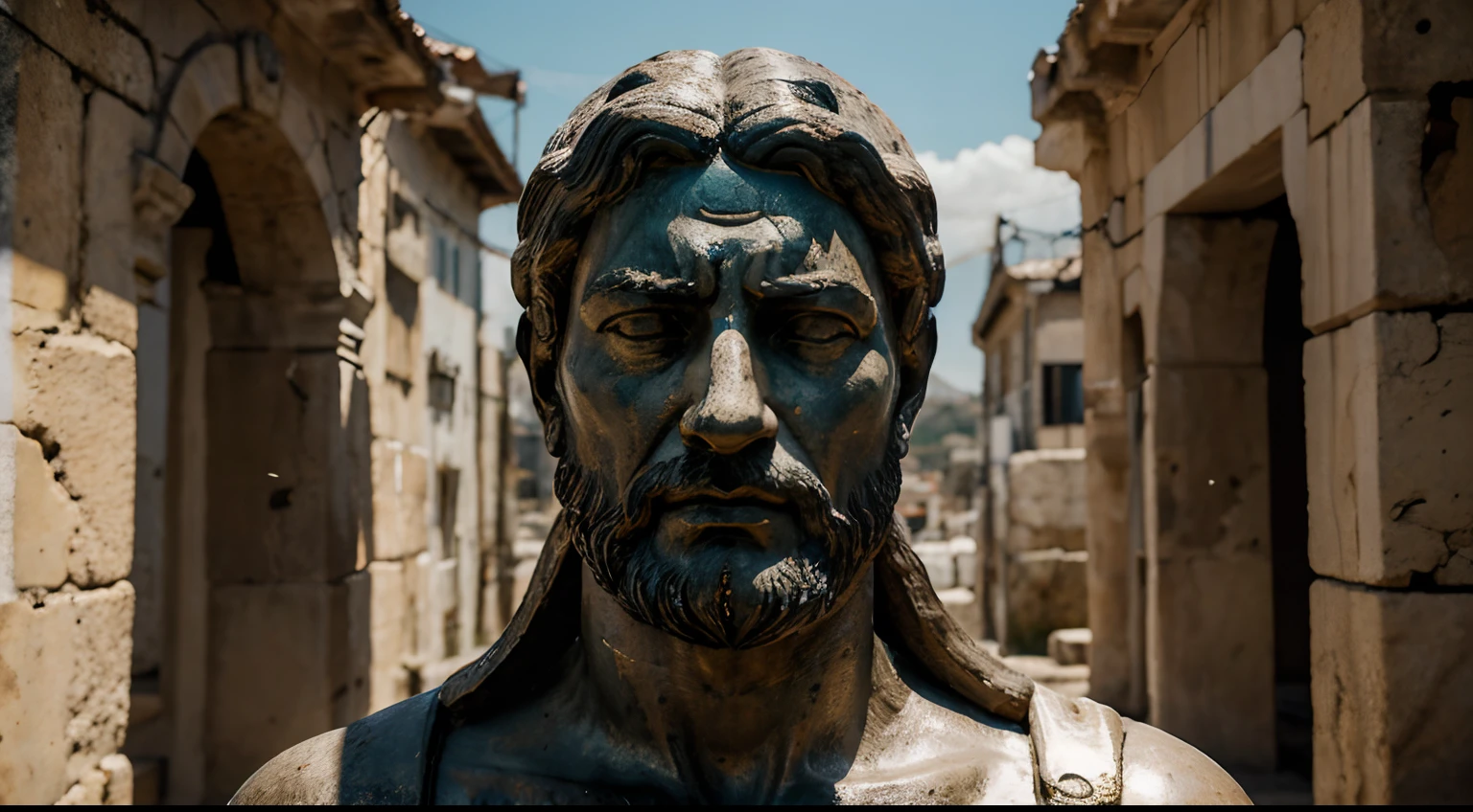 Ancient Stoic Statue With Very Angry Expression, tem barba, muitos detalhes em ambos os olhos, Outside, fundo atenas grego, open sky, com rosto extremamente detalhado full body view, Colors with low saturation with dark tone, Filmado em Sony A7S III com Sony FE 35mm f/1.8, 12.1 MP, --AR 3:2 --estilo cru