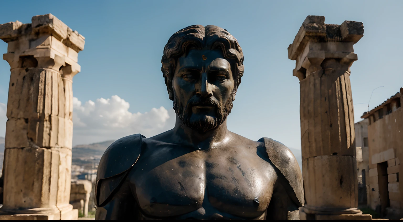 Ancient Stoic Statue With Very Angry Expression, tem barba, muitos detalhes em ambos os olhos, Outside, fundo atenas grego, open sky, com rosto extremamente detalhado full body view, Colors with low saturation with dark tone, Filmado em Sony A7S III com Sony FE 35mm f/1.8, 12.1 MP, --AR 3:2 --estilo cru